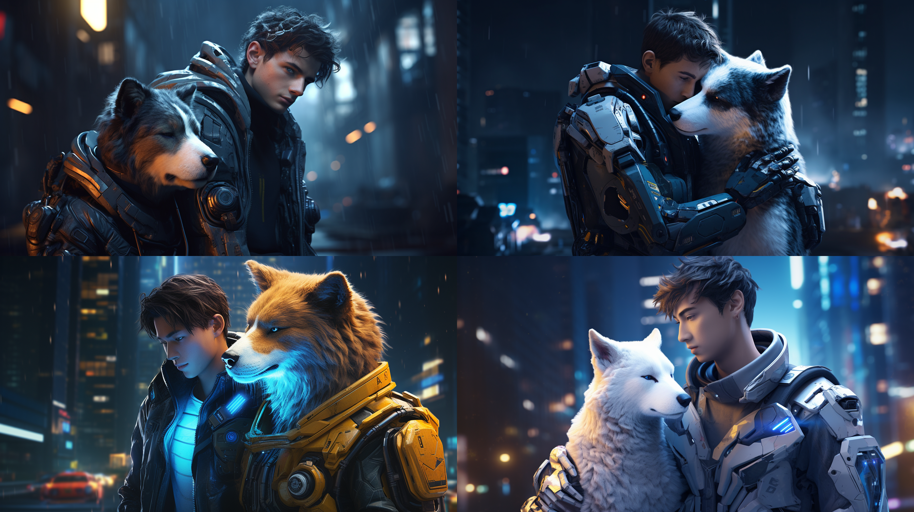 a handsome male teenager wearing mecha hug a golden retriever in the white moon light 极高分辨率 游戏cg 在赛博朋克城市 月亮 夜晚