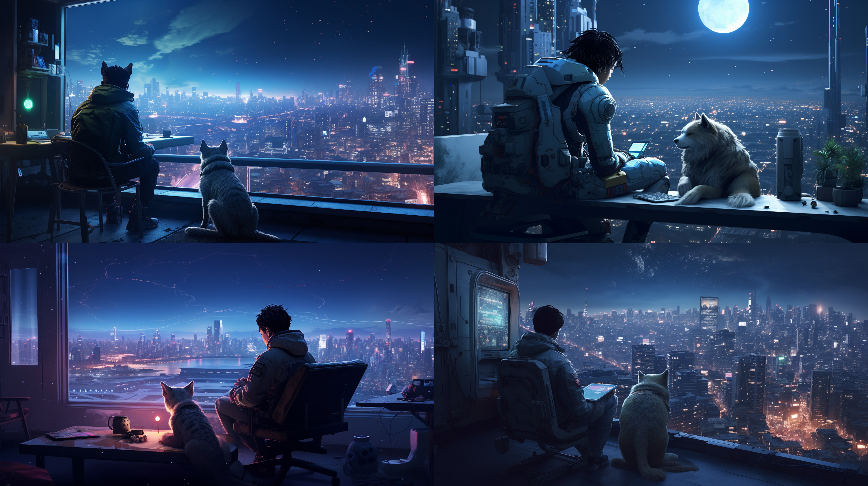 a handsome male teenager wearing mecha pet a laying golden retriever on the skycraper's roof. vision is through the teen and dog to see the big moon in the sky. 极高分辨率 游戏cg 在赛博朋克城市 月亮 夜晚