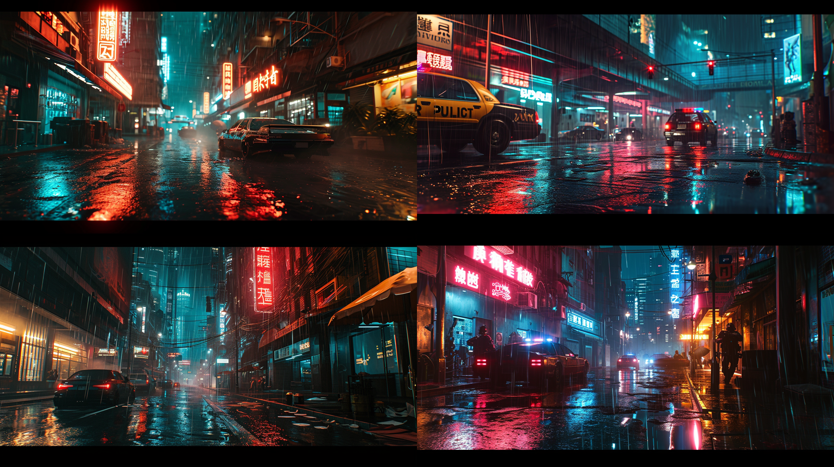 机械警察在雨中守护城市交通秩序，霓虹灯的光影在街上积水的表面跳动 细节的天空 非常详细的cg unity 8k壁纸 城市风景 在赛博朋克城市 夜晚 雨中 警察