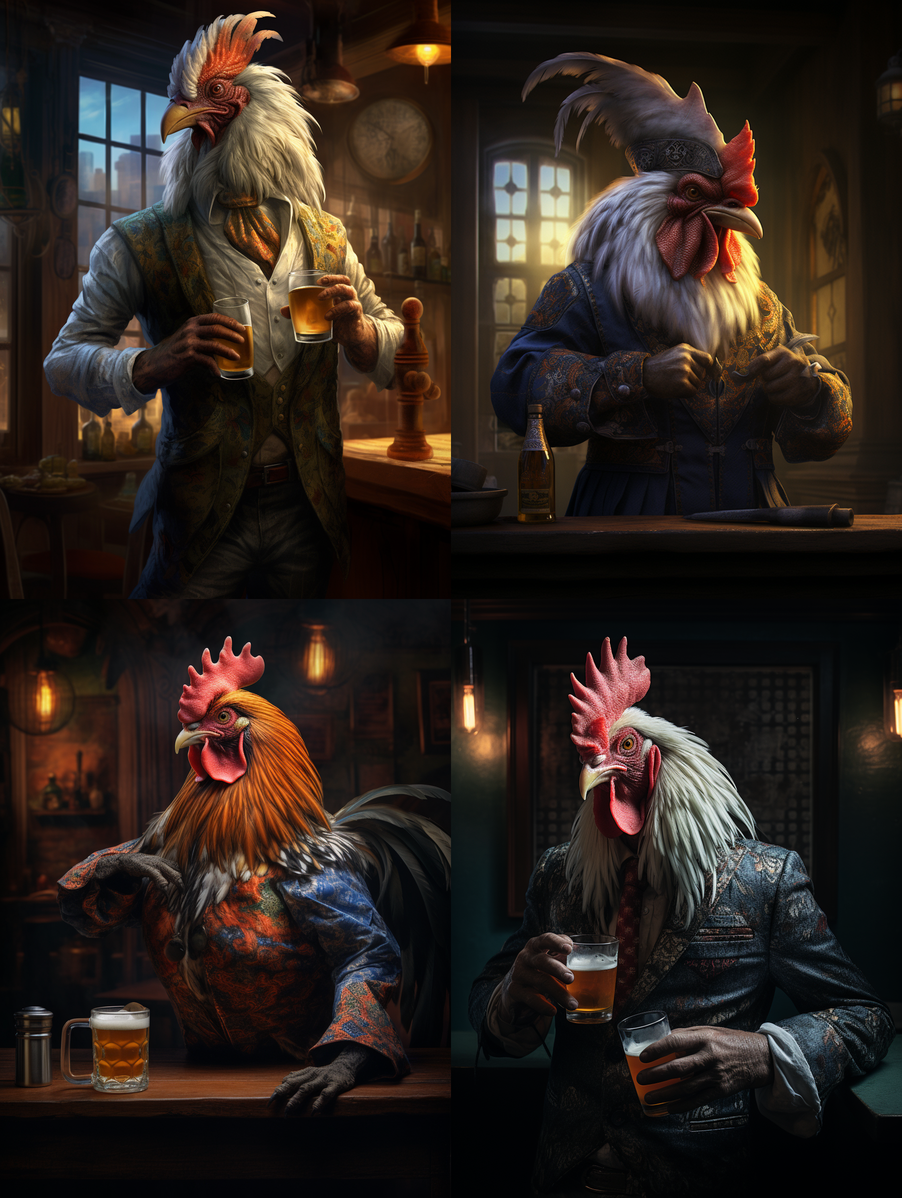 一只公鸡在喝酒，喝醉了摇摇摆摆的跳舞，穿着人的衣服，后面是一个酒巴，黑暗中窗户里透出明亮的光来。