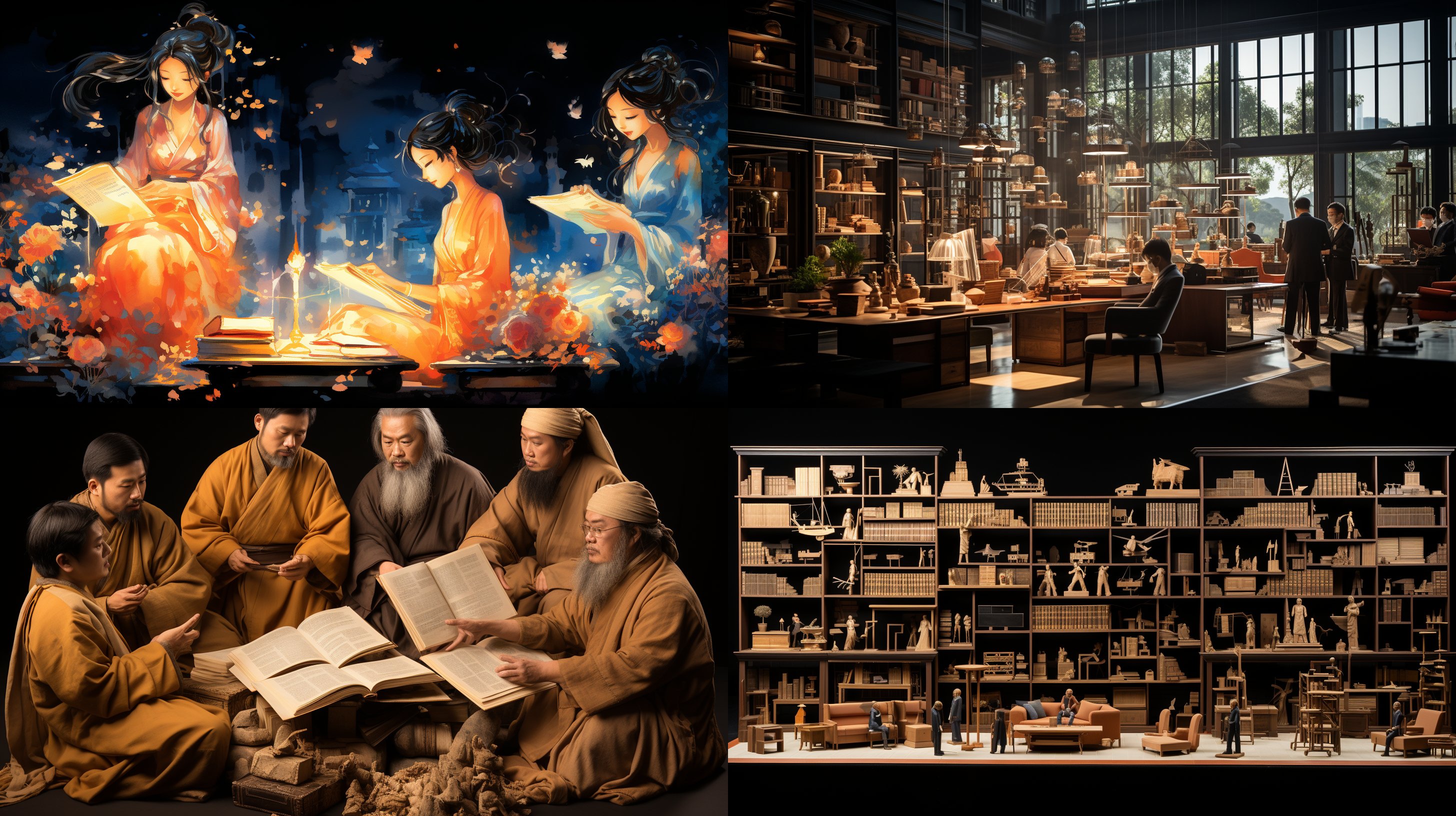 中国宋朝学者在书房里看书，晚上有烛光，书架上文物和书画作品。 