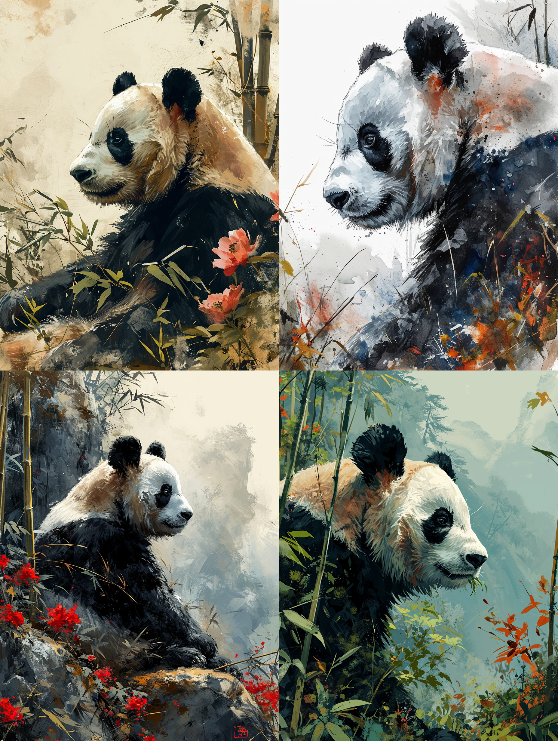 一只中国大熊猫在竹林里玩耍，中国水墨画风格，高品质，8k 