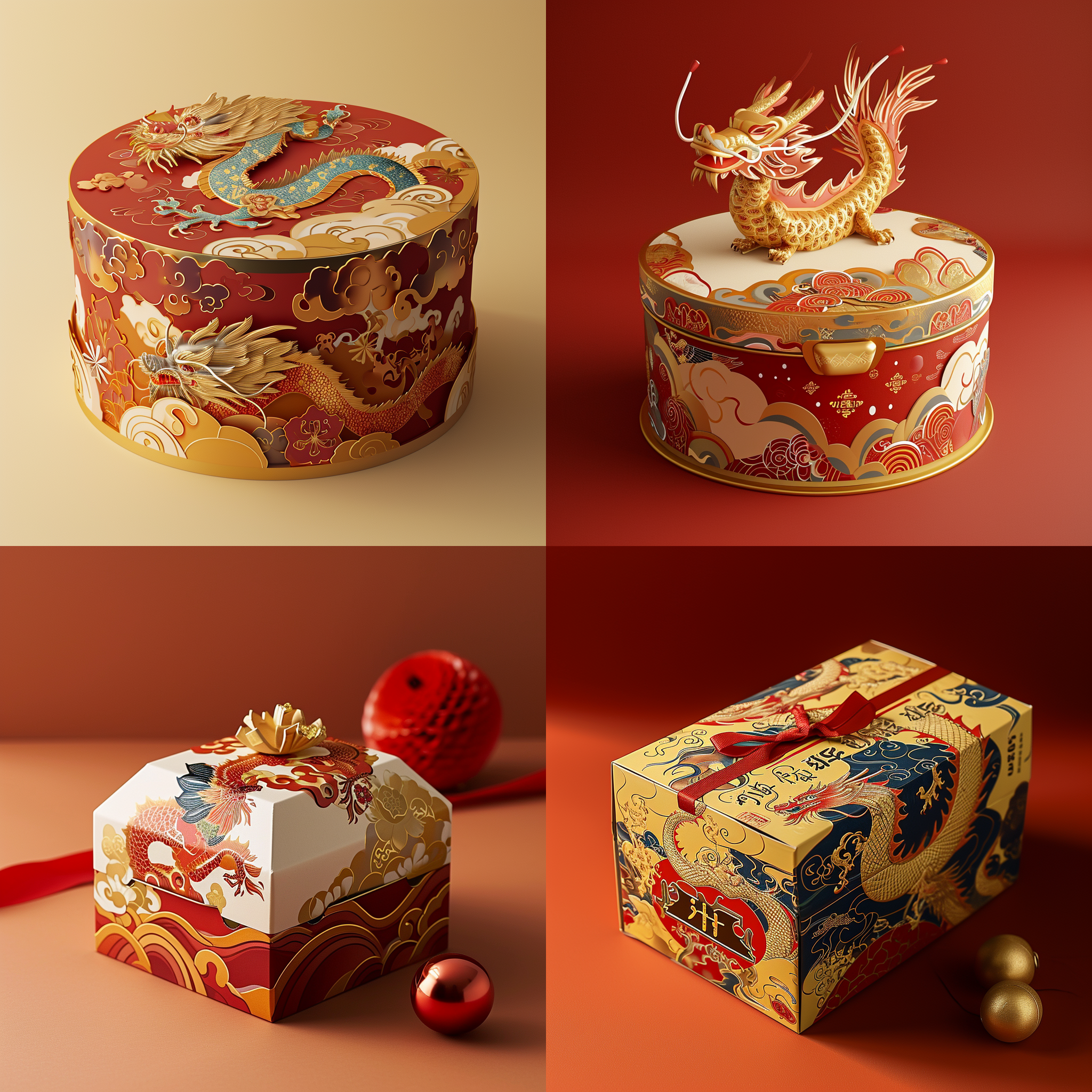 一个造型独特的糕点 蛋糕包装盒，大胆的想象，金色与红色主色调，国潮风格,梦幻般的插画，卡通龙元素，瓦楞纸材质,高细节,产品摄影，影棚光照，中国新年氛围