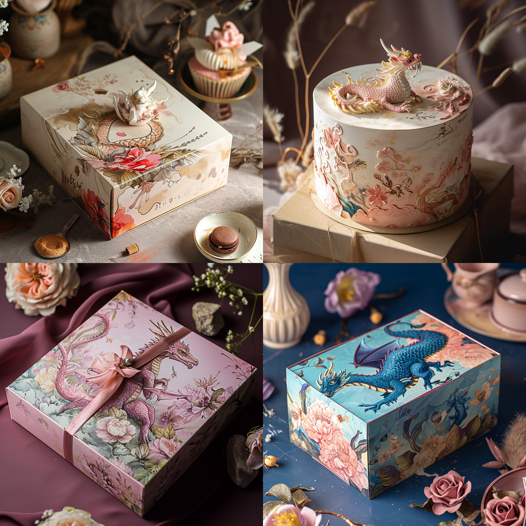 一个造型独特的蛋糕包装盒，大胆的想象，浪漫风格,梦幻般的插画，卡通龙元素，瓦楞纸材质,高细节,产品摄影，影棚光照，浪漫婚礼氛围 空中花园 玫瑰金 粉