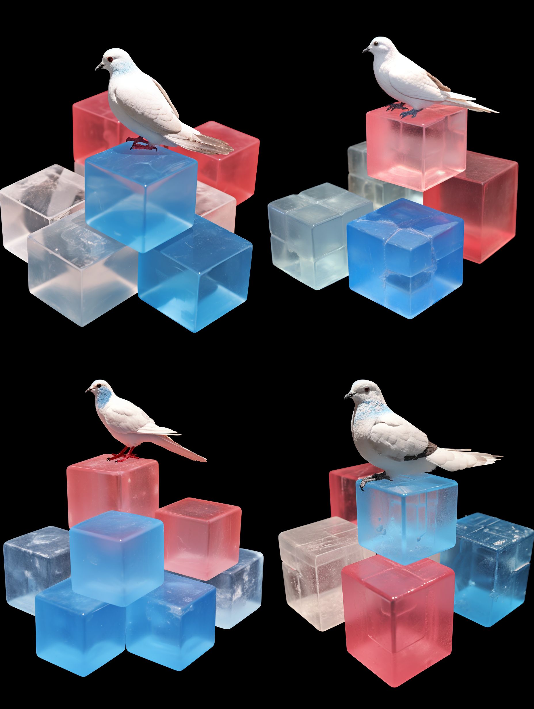 优化一下图中的装置，方块为滴胶材质，鸽子站在蓝色的方块上，不要站在红色上，在一个巨大白色的场馆内