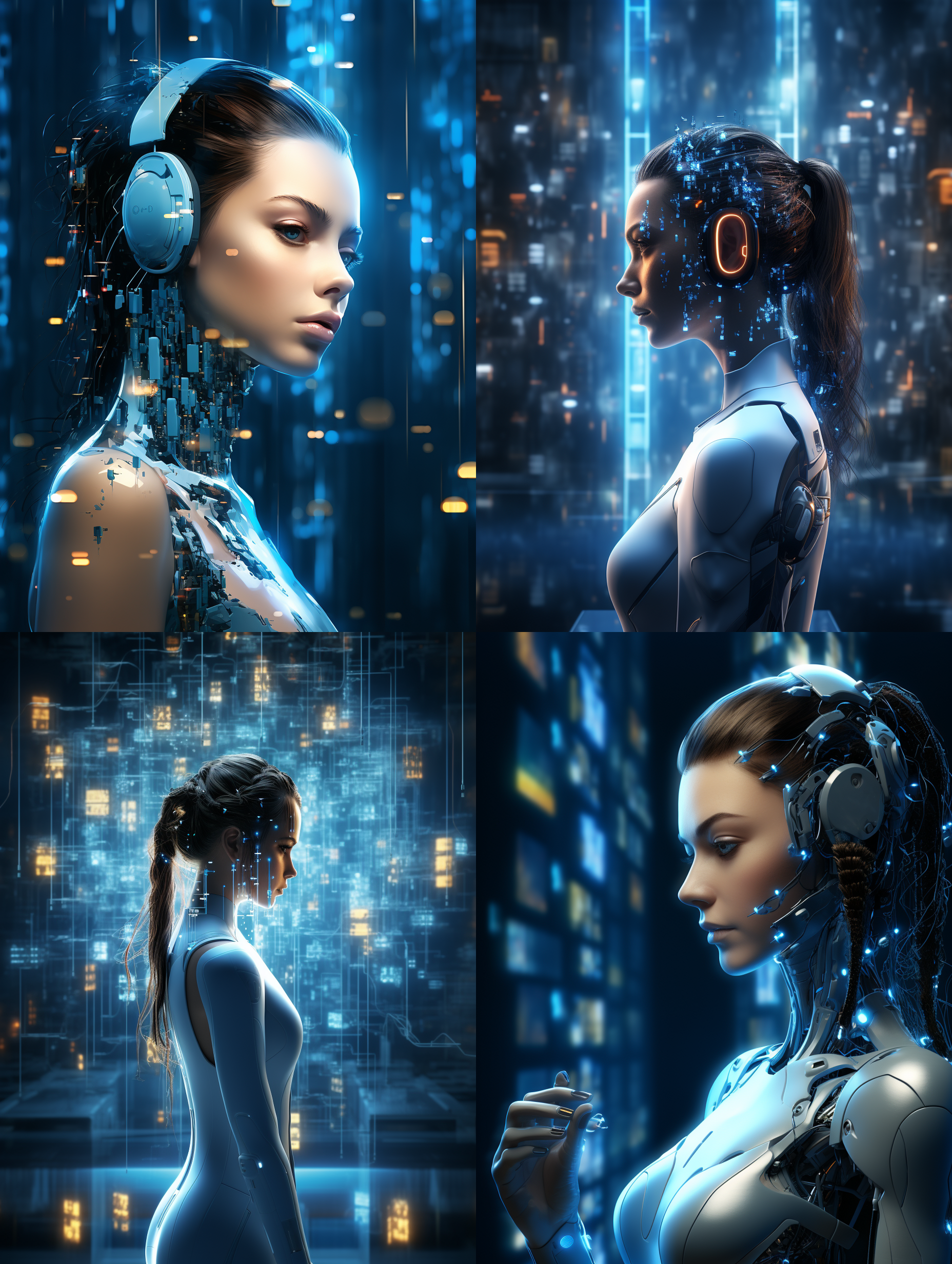 生成一组以ai科技为代表的形象广告，画面体现ai智能机器人，智能芯片电路，大数据运算，ai科技与城市和乡村的应用特征等科技元素，使用科技蓝为主色调，体现强烈的科技感和未来感，顶级的画质，现代风的广告设计，体现科技美学，艺术美学，唯美，色彩饱和层次丰富，画面细节丰富