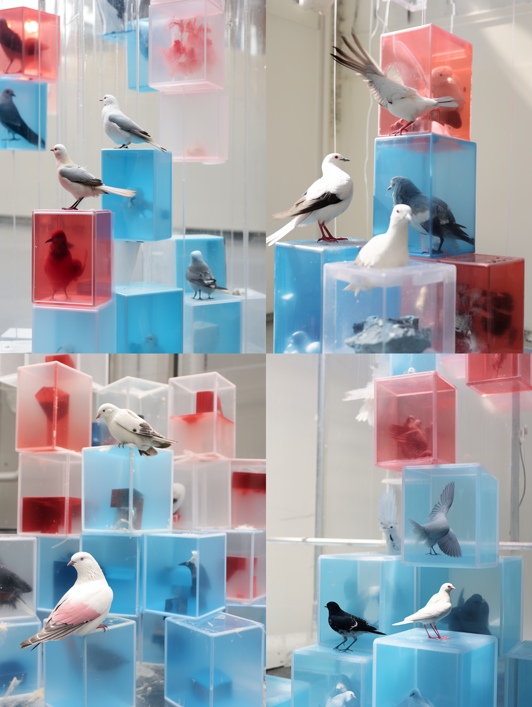 图中是一个装置，这个装置在一个巨大白色的场馆中悬挂，旁边有人在和这个装置互动,装置在一个巨大的白色场馆内，装置上的鸽子站在蓝色的方块上，不要站在红色上，方块只有红蓝两个颜色，鸽子在所有方块的中间，方块随机堆叠将图中的主体放在一个巨大的白色场馆内，有一个光源照在主体上， 