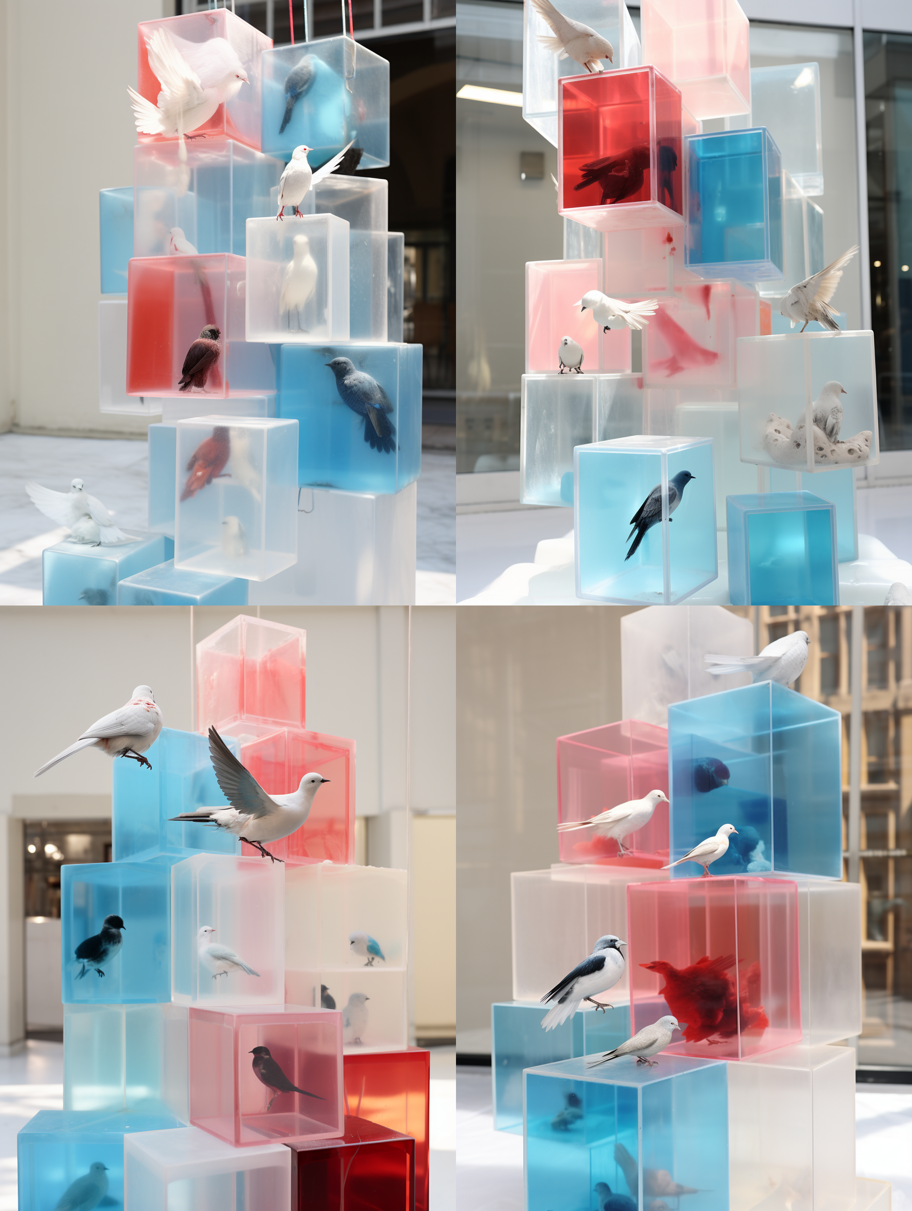 这个装置在一个巨大白色的场馆中悬挂，旁边有人在和这个装置互动,装置在一个巨大的白色场馆内，装置上的鸽子站在蓝色的方块上，不要站在红色上，方块只有红蓝两个颜色，鸽子在所有方块的中间，方块随机堆叠,将图中的主体放在一个巨大的白色场馆内，有一个光源照在主体上