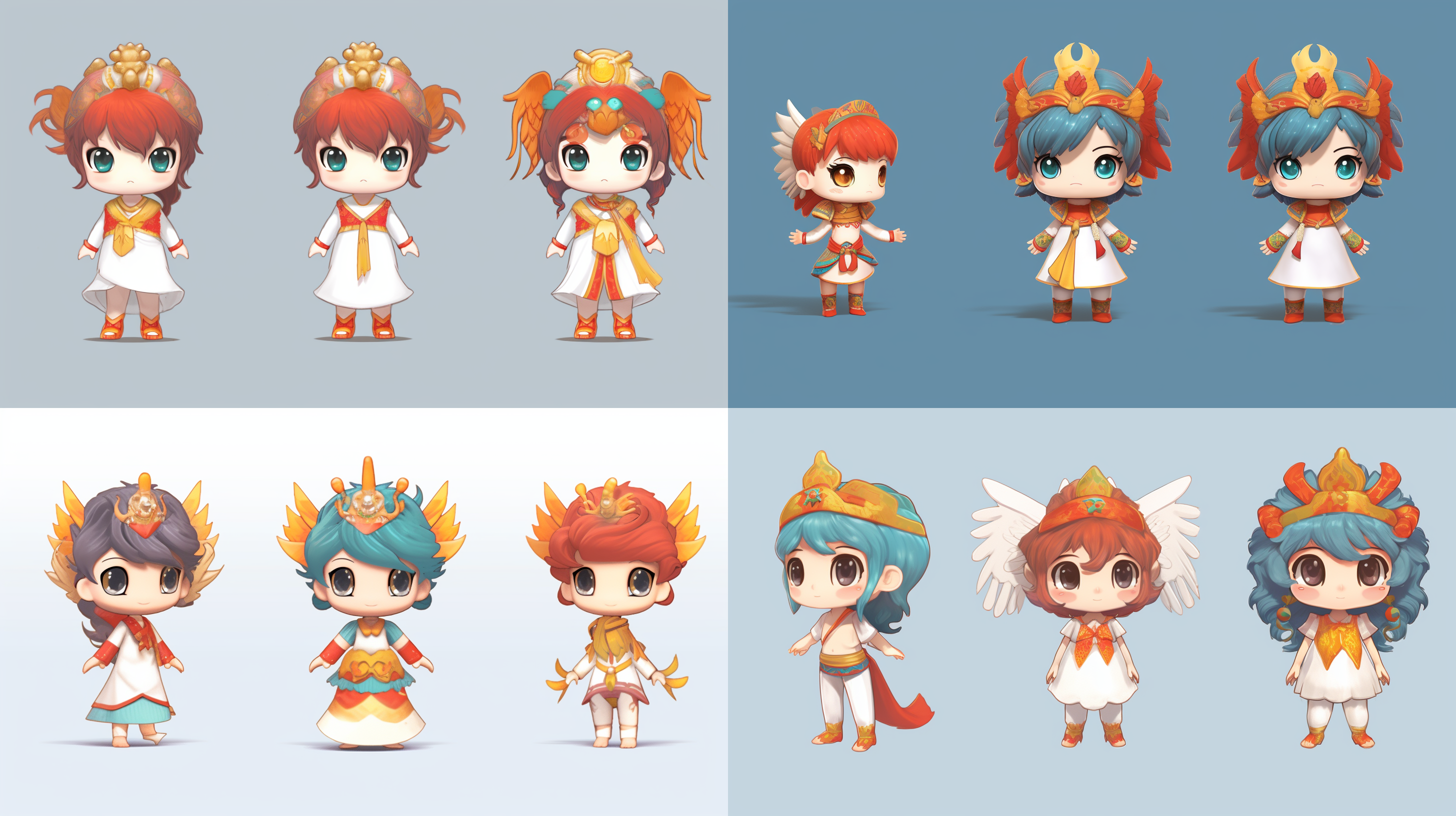 生成三视图，富有中国传统特色的服饰，可爱的小女孩，拥有中国龙角和中国龙尾巴，3d模型，c4d渲染器，干净的背景图。 三视图布局，中国传统服饰，中国龙设计，3d模型渲染，c4d渲染器，干净背景，清晰细节，高饱和度，明亮光线，华丽色彩，立体感。