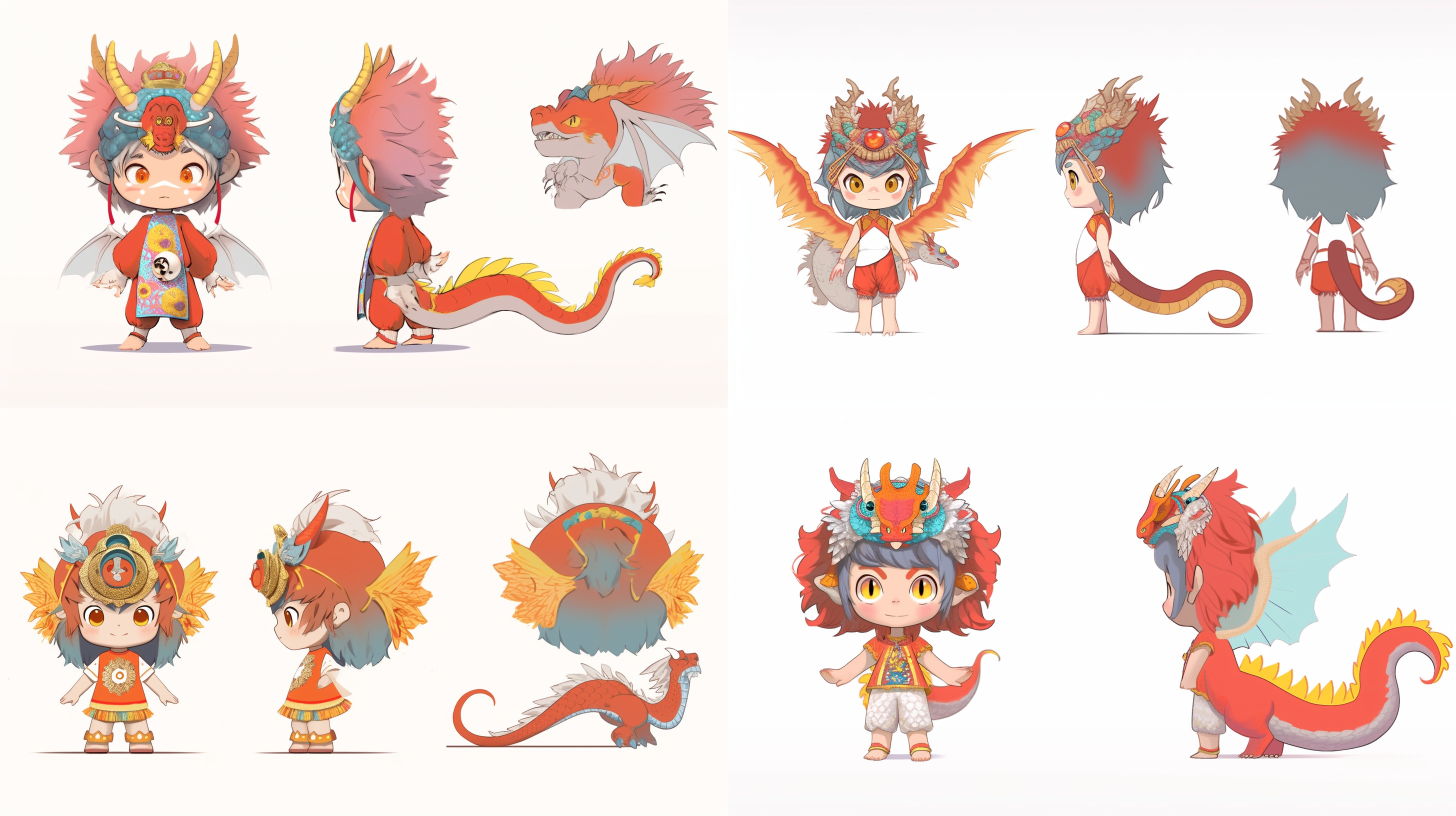 generate 3 views, rich in traditional chinese costumes, cute little girl with chinese dragon horns and chinese dragon tail, 3d model, c4d renderer, clean background. 3 view layout, chinese traditional costume, chinese dragon design, 3d model rendering, c4d renderer, clean background, clear details, high saturation, bright light, gorgeous colors, three-dimensional. 