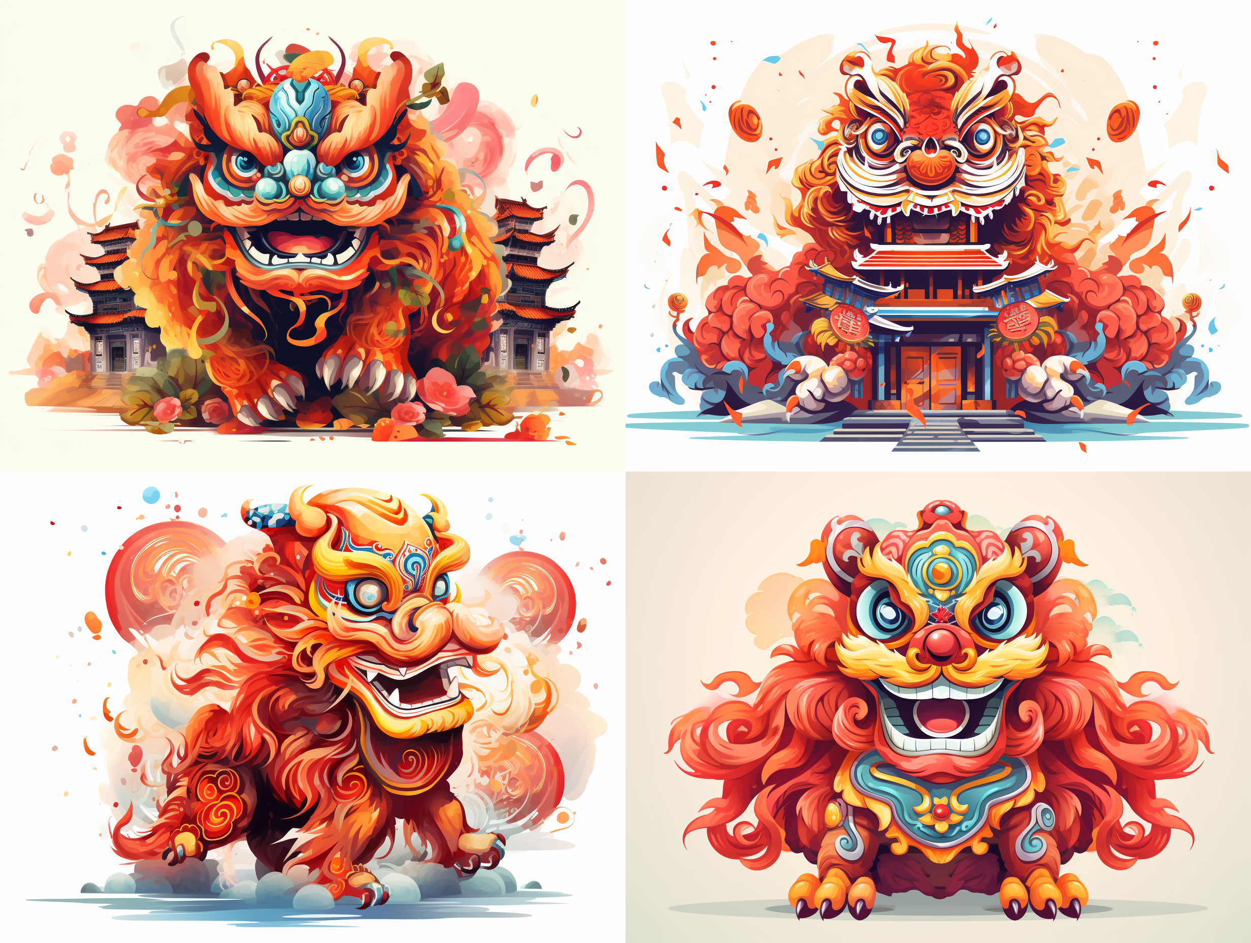 a side photo of a lion dancing, with a chinese new year flavor, high-definition vector illustration, white background, and other structures.