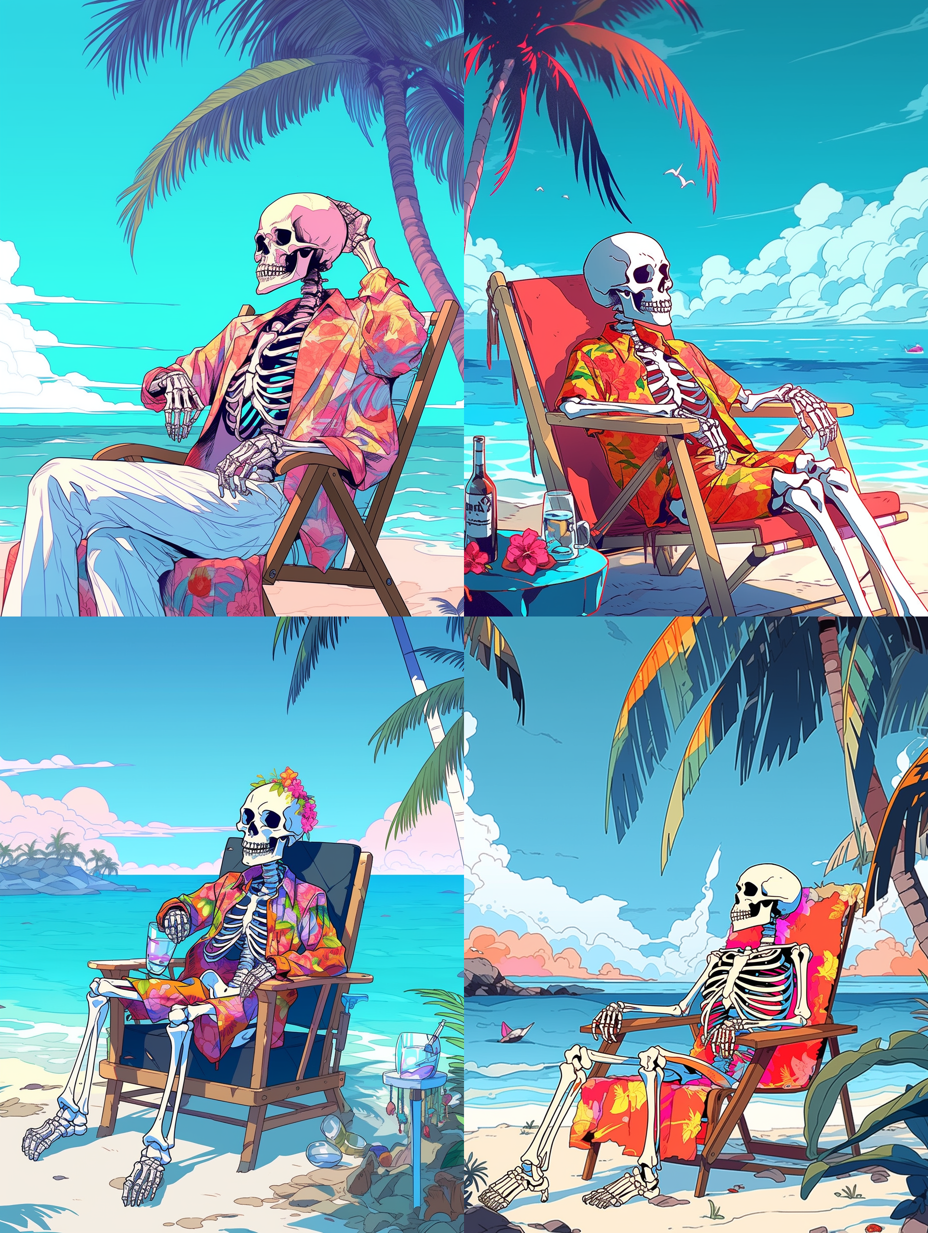 骷髅人在海边渡假，身在海边沙滩的躺椅上，穿着短衣短裤，叼着一支烟，蓝色的海水，晴朗的天空，棷树在海边，整个画面颜色艳丽