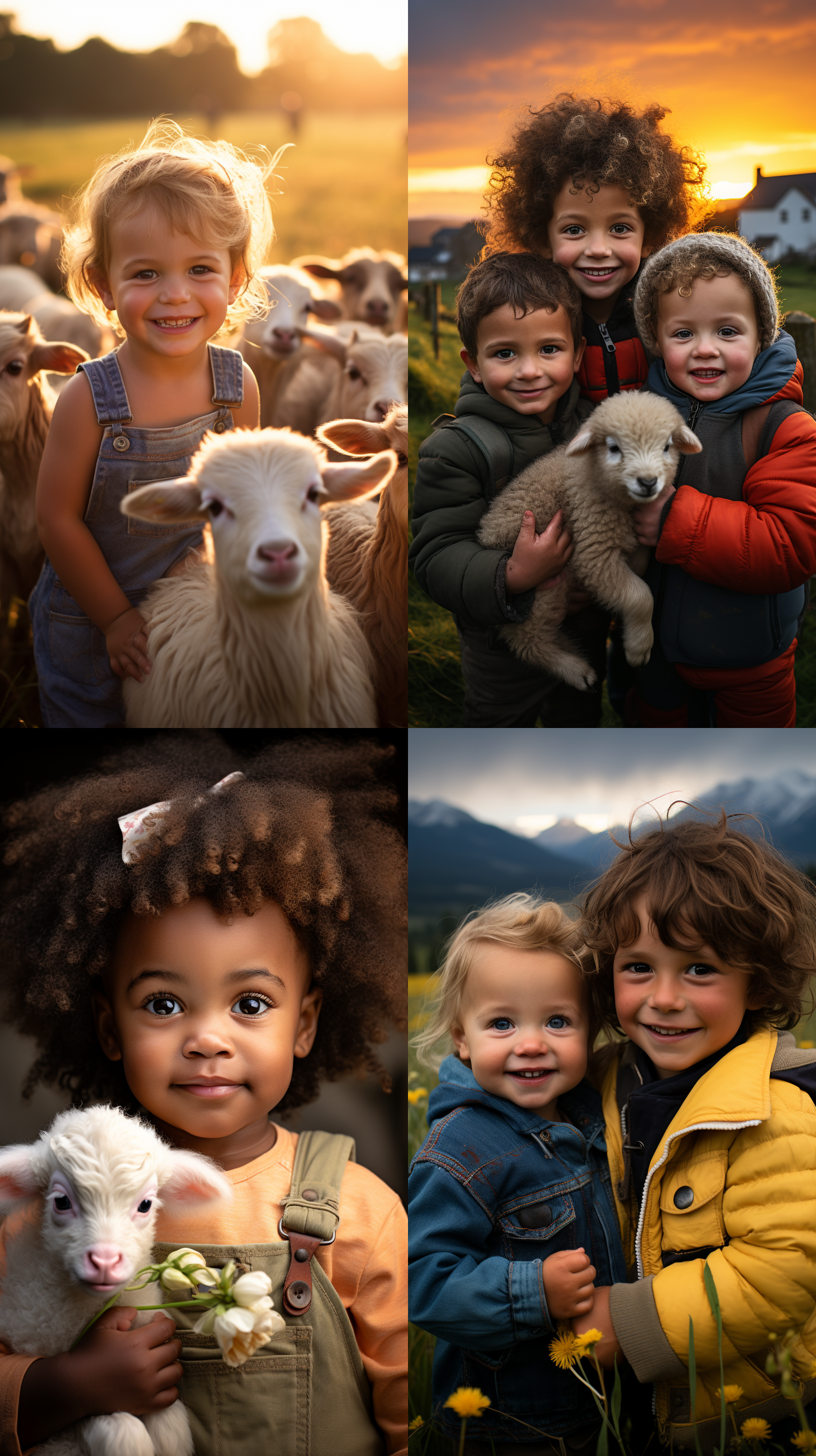 牧场上的女孩和男孩背靠背，羊群环绕在周围。照片采用广角镜头，色彩鲜明，展现出广阔的牧场环境。阳光透过云层洒落在场景中，创造出柔和的侧光效果。女孩和男孩的表情充满着快乐和童真。牧场上竖立的时时高三个大字成为整个照片的焦点，突出了农田的主题。