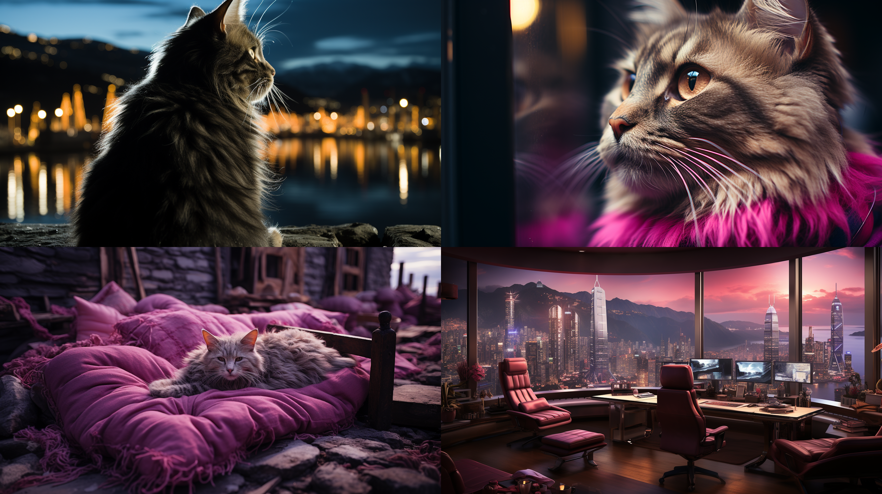 cyberpunk city background, beach ocean,cyberpunk style,you can see the street view of cyberpunk city outside the window, movie shots, close-up shots,the fur on the left side of the cat's face under its eyes is white,the cat is lying by the window, and behind the window is a night view of the city, no human,bedroom,this cat has short ears.