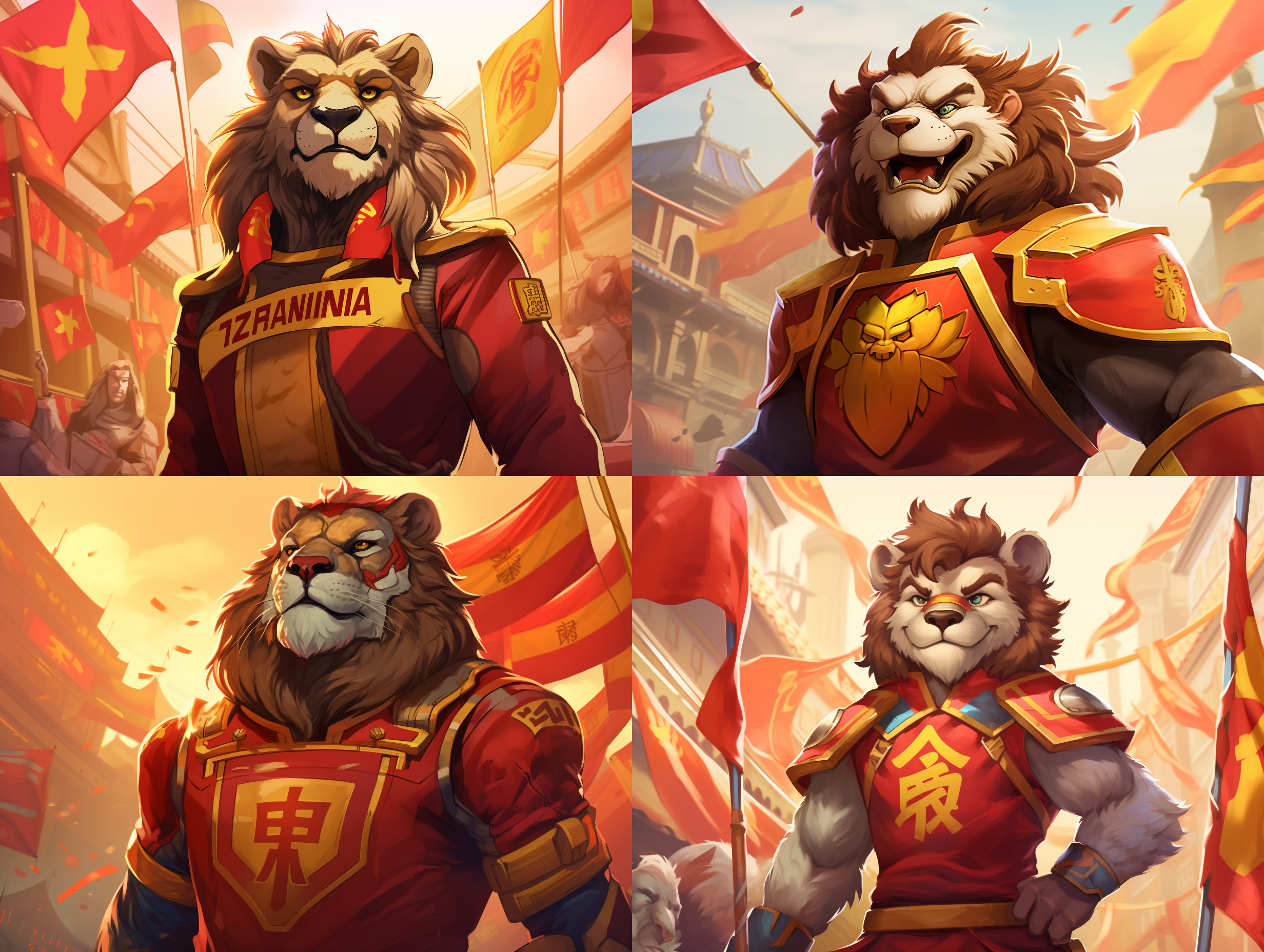 a cartoon character with a lion costume on and a chinese flag in the background with a red and yellow banner, character design, a character portrait, adrian zingg, furry art