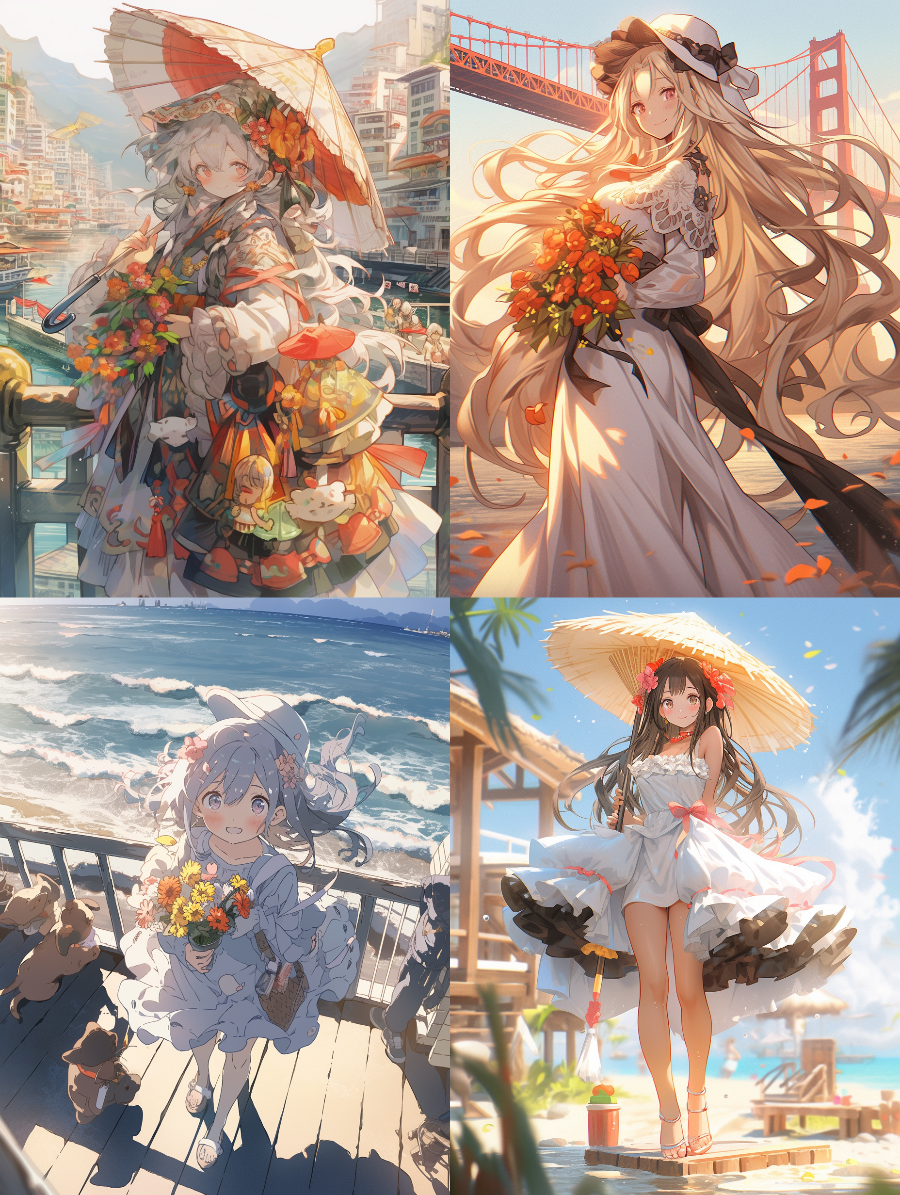 8k画质，中国绝世美女,全身照，粉色碎白花大翻领薄纱连衣裙，粉色编织遮阳帽，手持江南风的遮阳伞，站在木板栈桥上，海波浪，五官端正，长腿少女，阳光，身材苗条，沙滩，丝袜，高跟鞋，海波浪，远处的城市楼群，3d迪斯尼动漫风格，色彩饱和，颜色丰富，