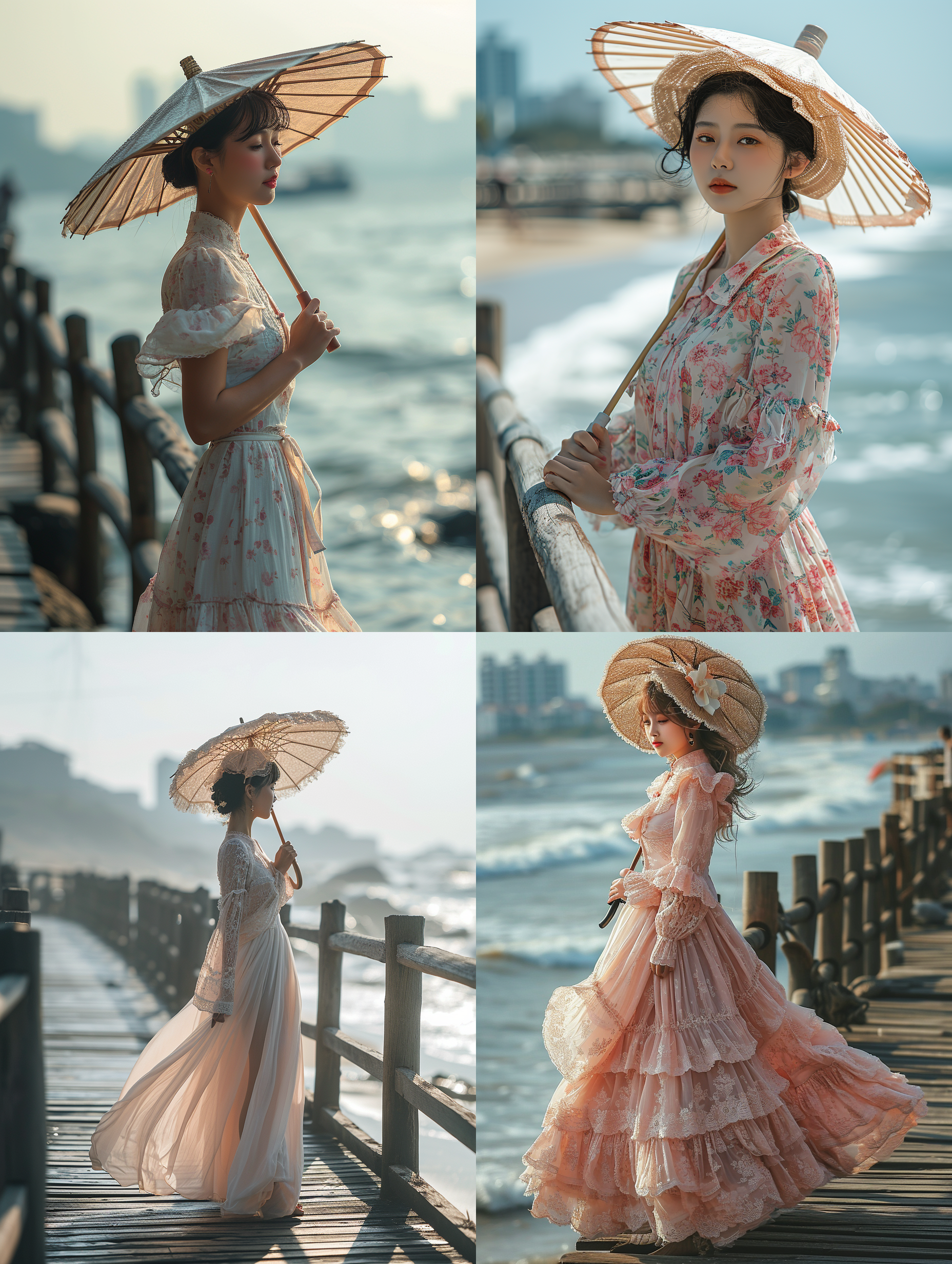 8k画质，中国绝世美女,全身照，粉色碎白花大翻领薄纱连衣裙，粉色编织遮阳帽，手持江南风的遮阳伞，站在木板栈桥上，海波浪，五官端正，长腿少女，阳光，身材苗条，沙滩，丝袜，高跟鞋，海波浪，远处的城市楼群，顶级专业人物摄影，色彩饱和，颜色丰富，