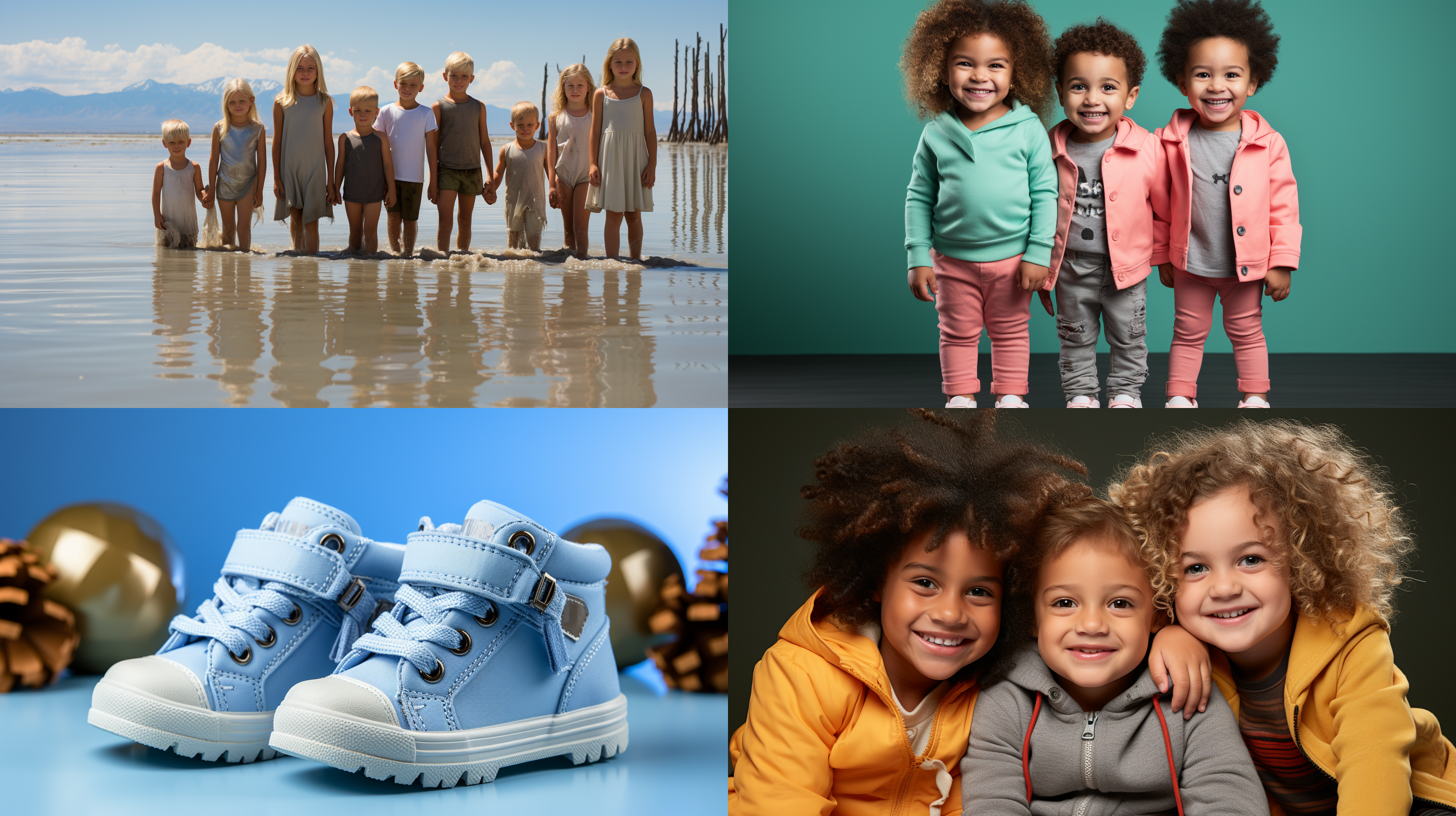 几个小朋友，比谁的腿更长，淡蓝色背景，灯光柔和，全景，潮酷