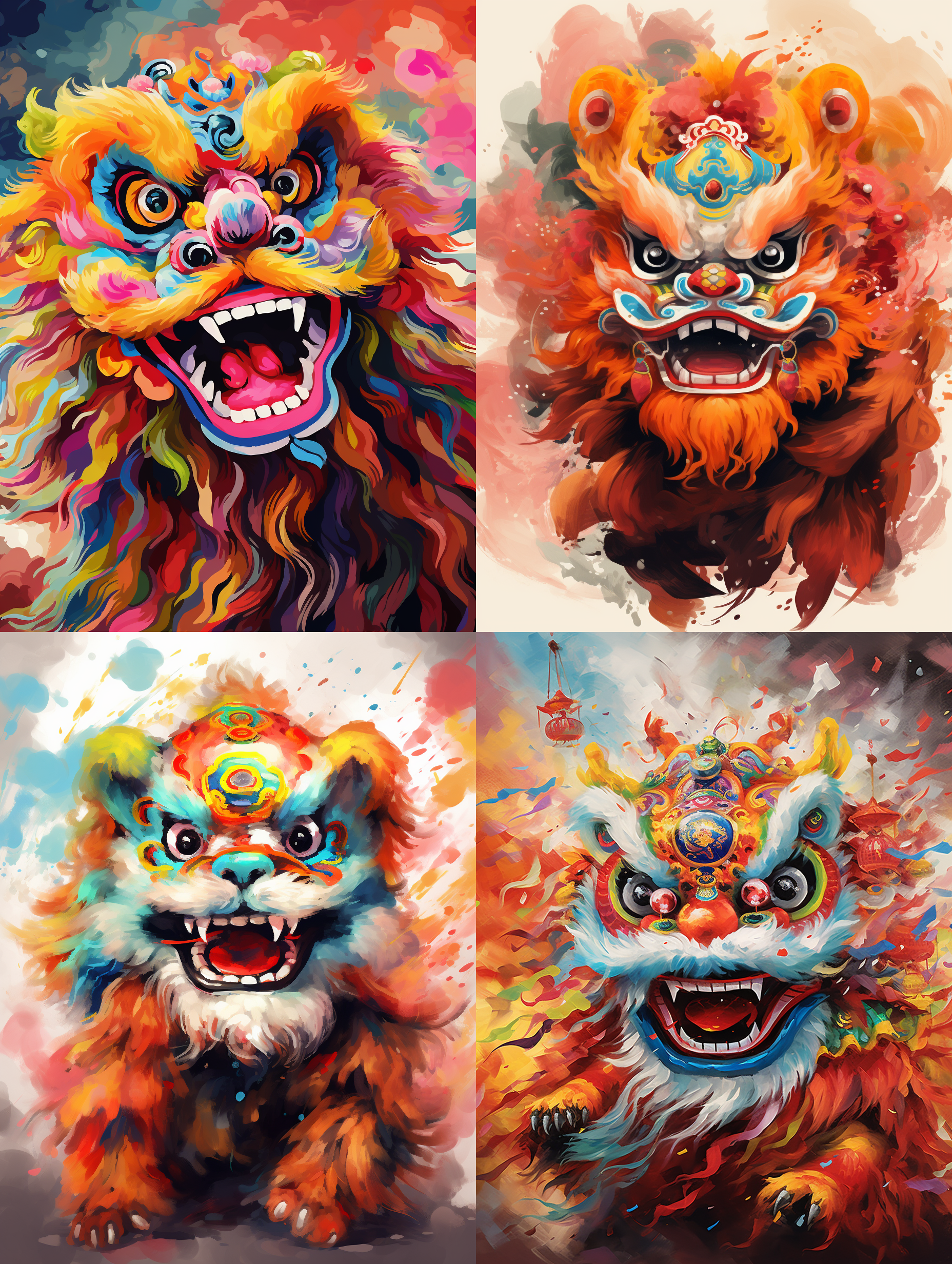 中国风舞狮，多色，背景纯色，动态优美，活泼可爱，a3尺寸