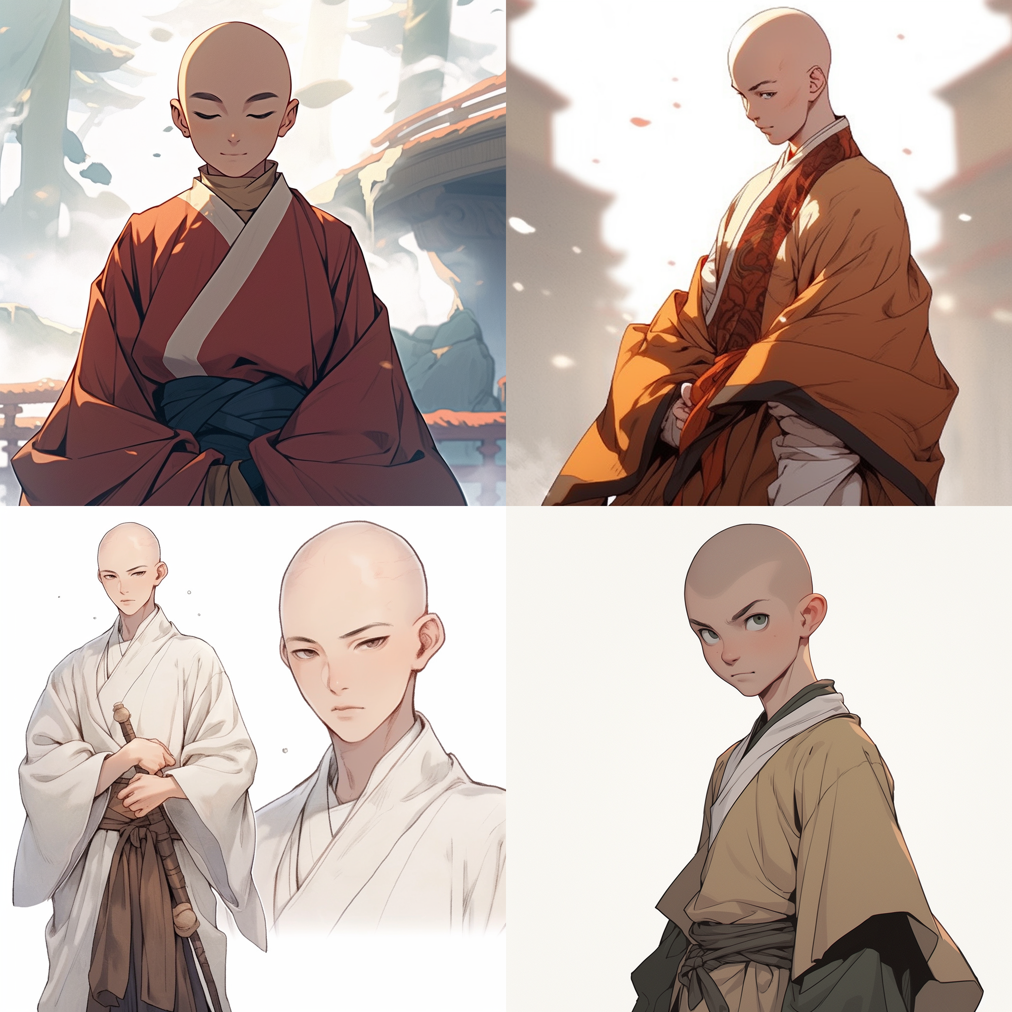一个年轻的中国和尚，身穿袈裟，帅气冷峻的面庞，站立，无欲无求的表情，品质，细节，大师作品