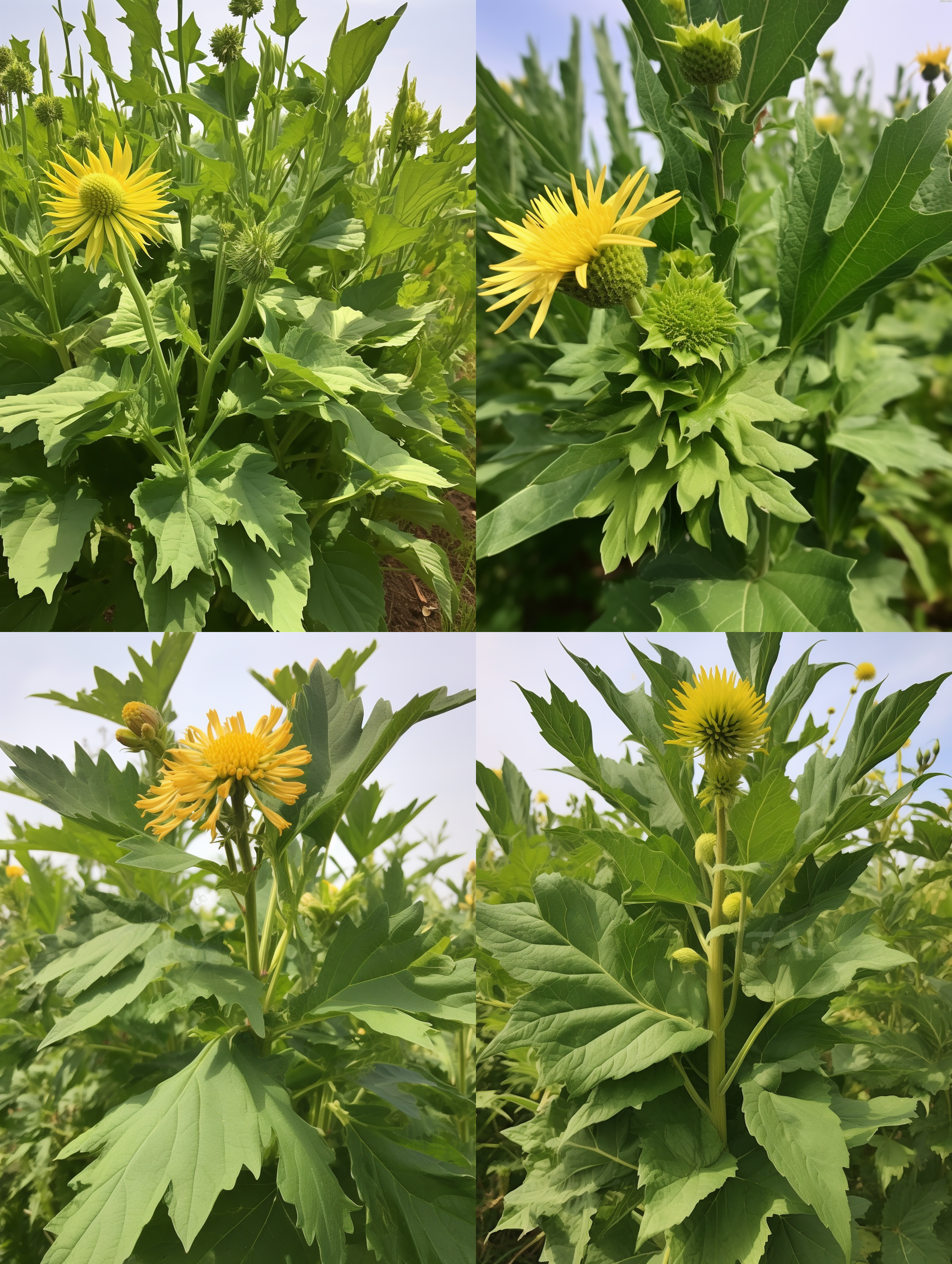 请根据植物学菊科松香属对串叶松香草的形态样貌的描述和定义以及参考图生成串叶松香草的系列科普挂图，顶级的画面质感，科技美学，充分体现科技感，顶级的摄影效果，唯美，串叶松香草，水平构图，自然环境，长焦镜头，柔和光线，悠闲氛围，绿色调，微风拂动，细腻质感。