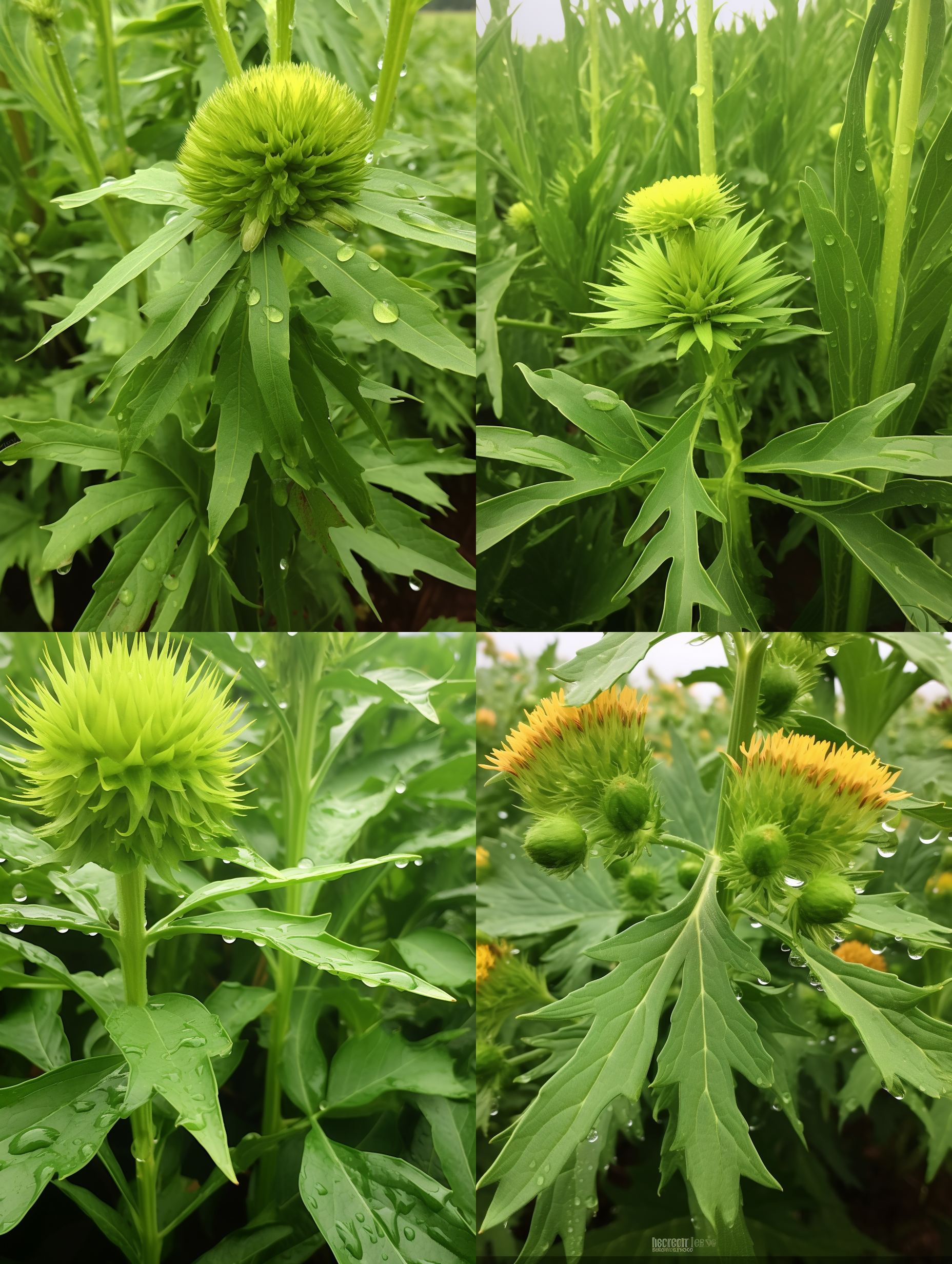 请根据植物学菊科松香属对串叶松香草的形态样貌的描述和定义以及参考图生成串叶松香草的在雨中，松草草的叶子被雨水淋湿，串叶松香草落满了大小不等的水珠，水滴流到sod液的瓶子里，瓶子里液体的涟漪水波，顶级的画面质感，科技美学，充分体现科技感，顶级的摄影效果，唯美，串叶松香草，水平构图，自然环境，长焦镜头，柔和光线，悠闲氛围，绿色调，微风拂动，细腻质感。