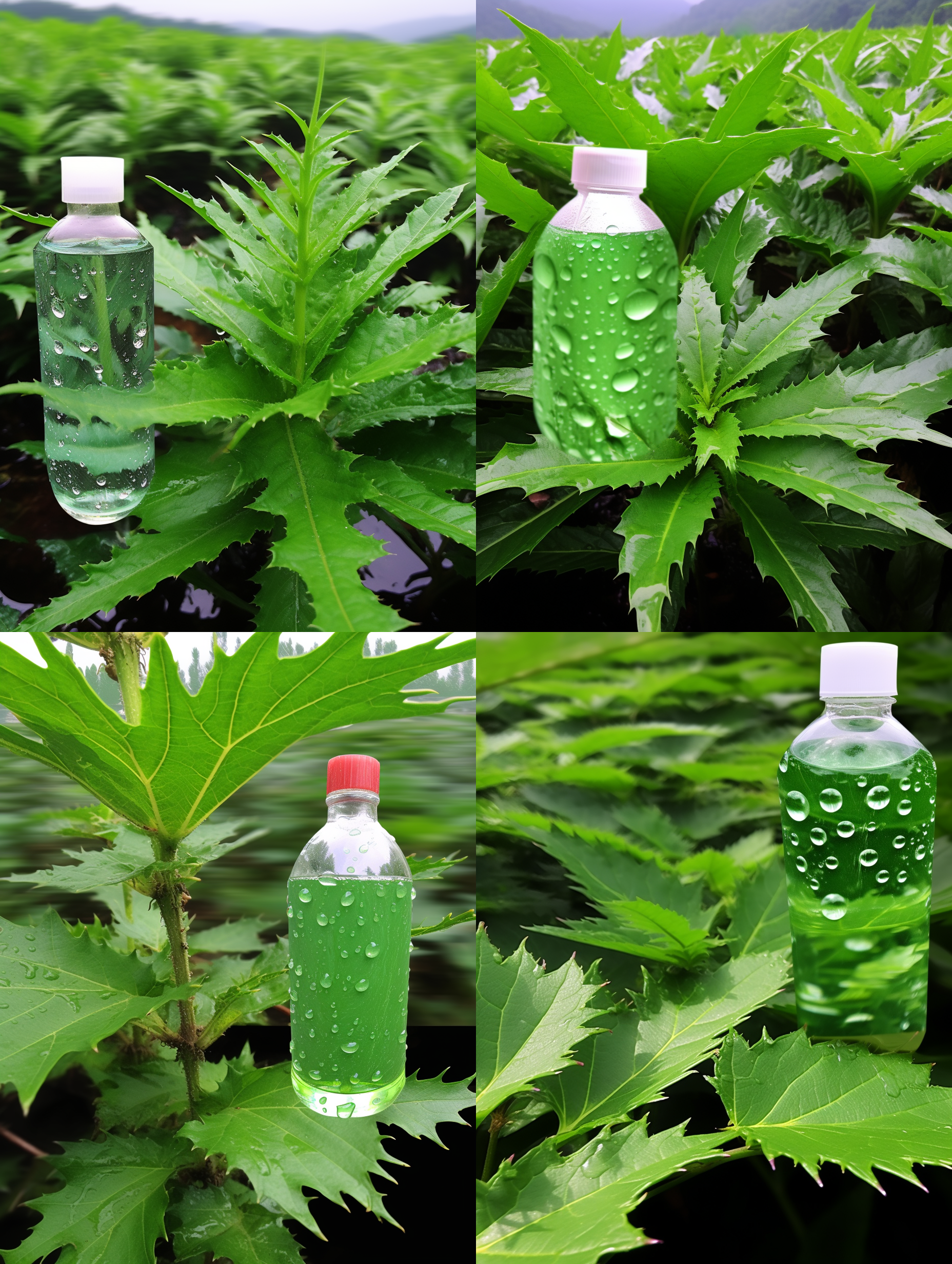 请根据植物学菊科松香属对串叶松香草的形态样貌的描述和定义以及参考图生成串叶松香草的在雨中，松草草的叶子被雨水淋湿，串叶松香草落满了大小不等的水珠，水滴流到sod液的瓶子里，瓶子里液体的涟漪水波，顶级的画面质感，科技美学，充分体现科技感，顶级的摄影效果，唯美，串叶松香草，水平构图，自然环境，长焦镜头，柔和光线，悠闲氛围，绿色调，微风拂动，细腻质感。