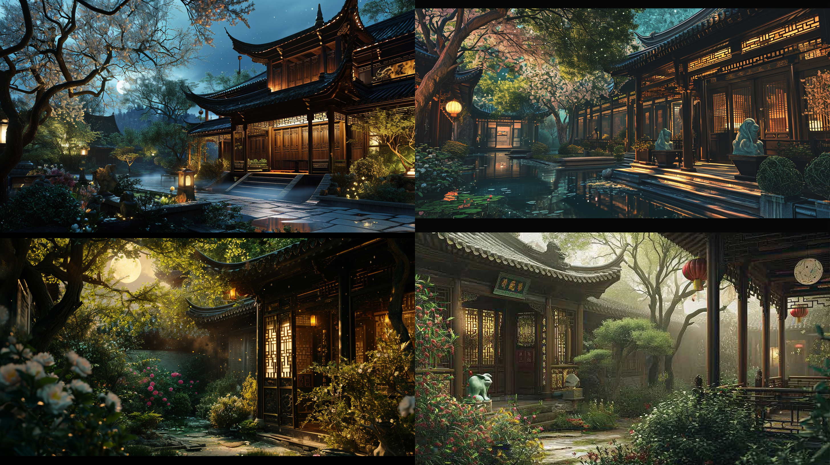 神秘的东方美学，中国风，梦幻玉兔，细腻纹理，华丽金色装饰，精致绣花，绚丽丝绸，庭院绿树成荫，花朵盛开，和谐宁静。夜幕降临，星光闪耀，高悬月亮，柔和光线映照。中国画风格，广角镜头，细节突出，明暗对比，色调饱和，令人陶醉的氛围，神秘而优雅。