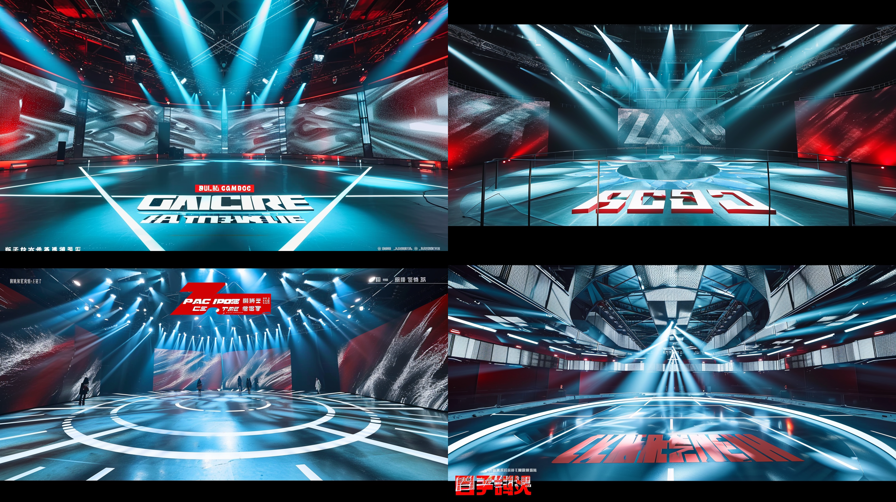 一个超大的圆形走秀舞台，以蓝色为主色调，空间感超级强。光线从顶部投射下来，营造出科技感和未来感。舞台led屏幕围绕，布置简洁大气，背景墙呈现流动的图案，配合明亮的led灯光，营造出动感和时尚感。高饱和度的彩色灯光照亮了整个舞台，给人带来强烈的视觉冲击力和活力。