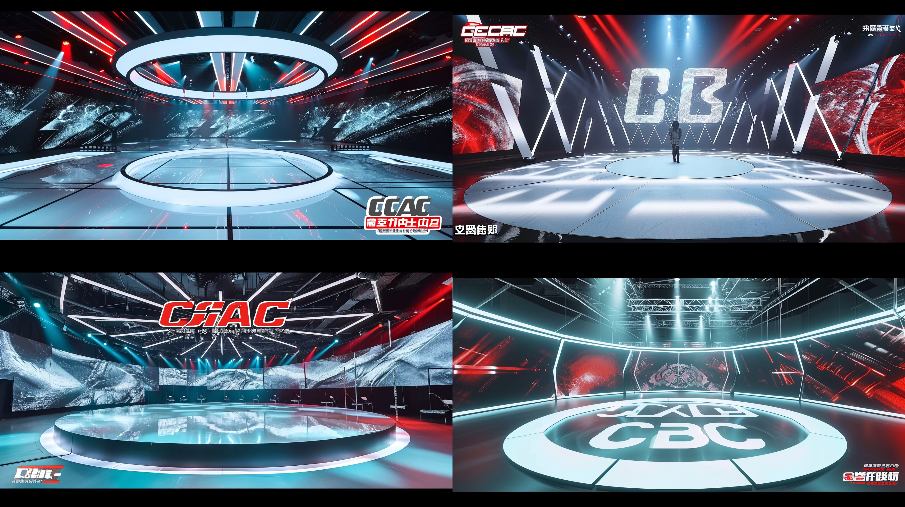 一个超大的圆形走秀舞台，一条白色秀道是圆形的。舞台出现的主题字幕是ccac。以蓝色为主色调，空间感超级强。光线从顶部投射下来，营造出科技感和未来感。舞台led屏幕围绕，布置简洁大气，背景墙呈现流动的图案，配合明亮的led灯光，营造出动感和时尚感。高饱和度的彩色灯光照亮了整个舞台，给人带来强烈的视觉冲击力和活力。