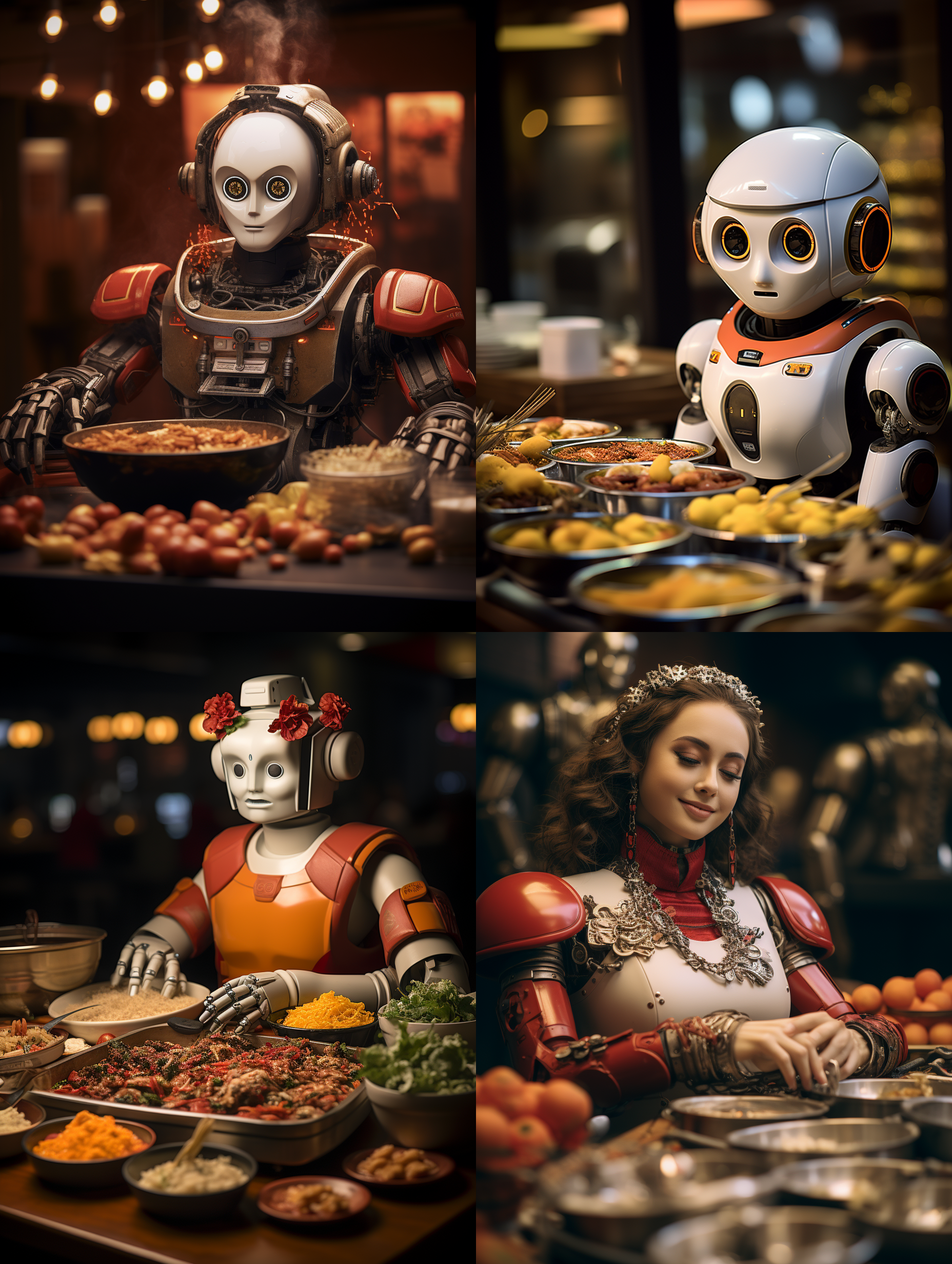 美女机器人坐在重庆火锅桌子前，摆满了一桌子的重庆火锅的菜品，翻滚的火锅汤锅，手托着腮在思考是不是敢尝尝，专业餐饮摄影，柔和明亮的灯光，顶级的人物摄影效果和画质，正面视角。颜色层次丰富，细节丰富，