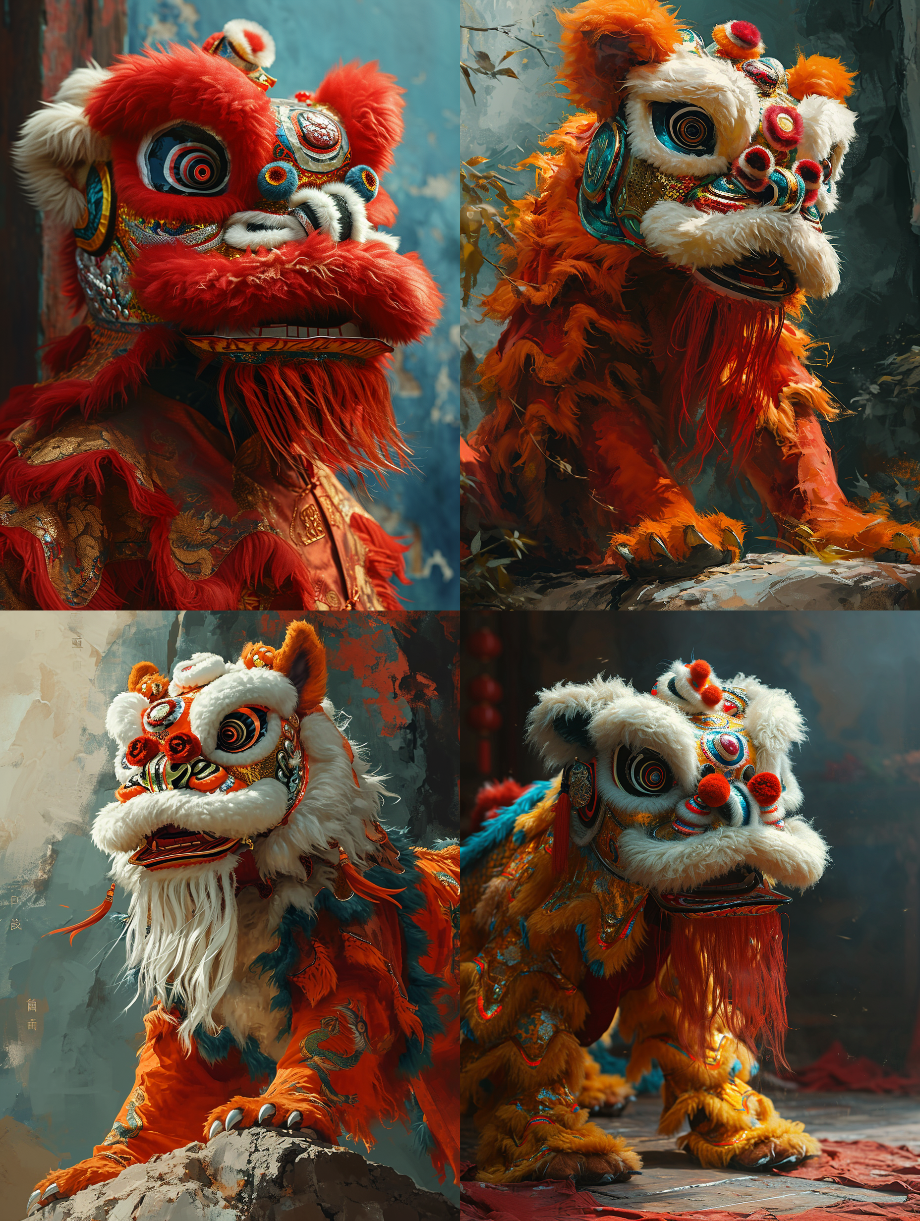 中国风舞狮，多色，背景纯色，动态优美，活泼可爱，真实风格