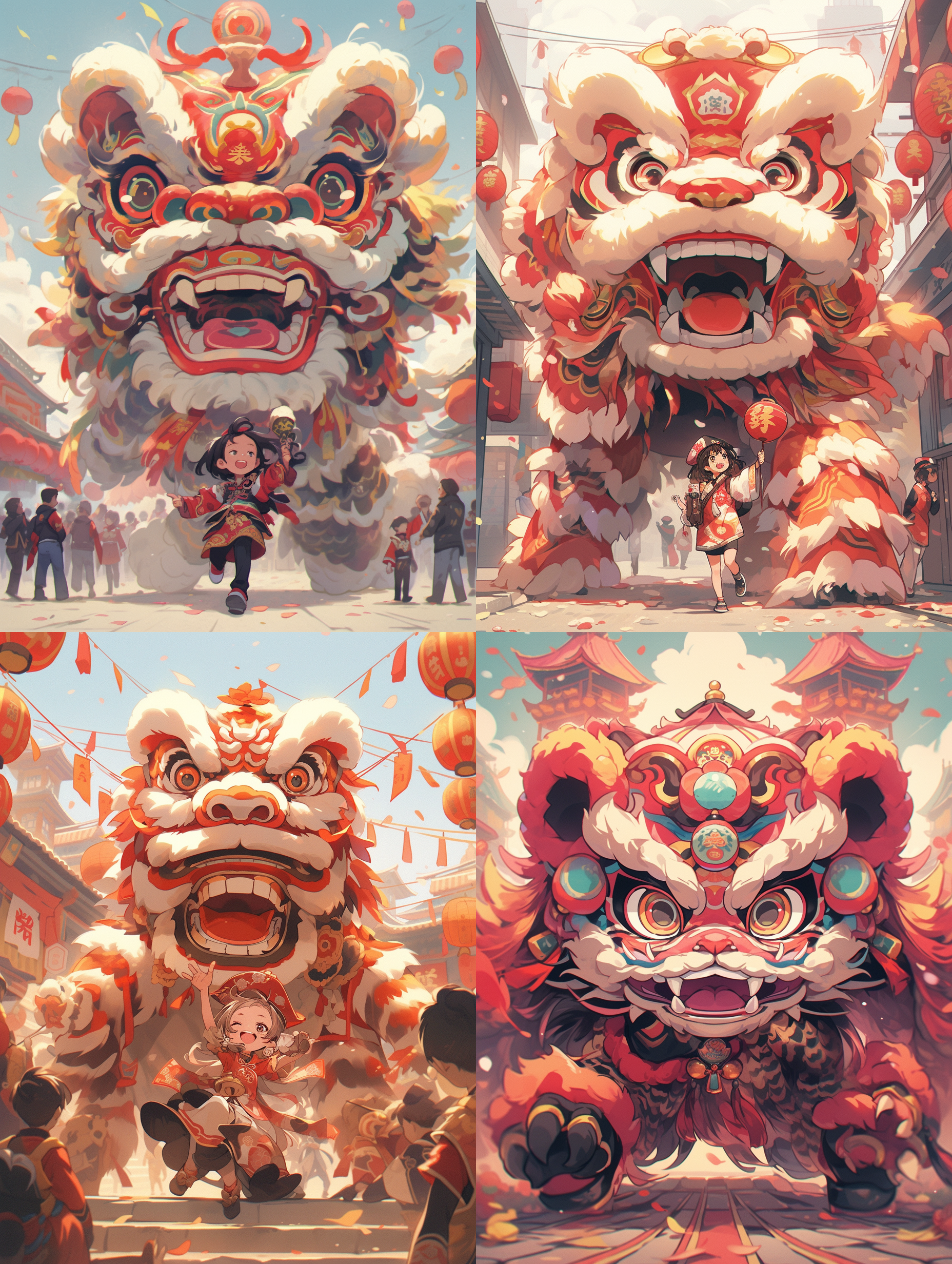 中国风舞狮在广场上，多色，背景纯色，动态优美，活泼可爱，动漫风格