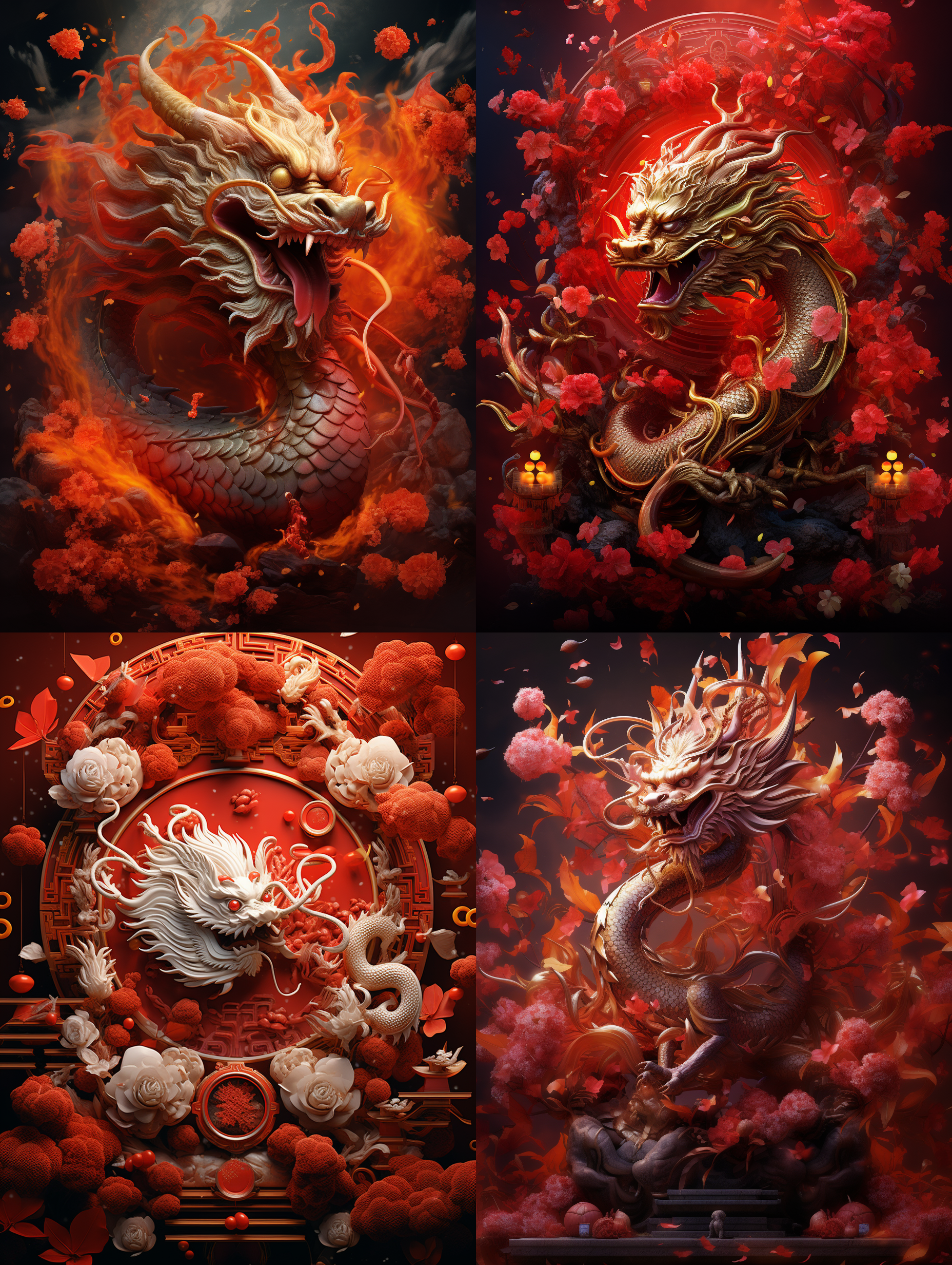 设计一张龙年吉祥的海报，以舞动的龙为主题，背景红色，有灯笼等喜庆元素。 极其精致和美丽 照片 超高分辨率