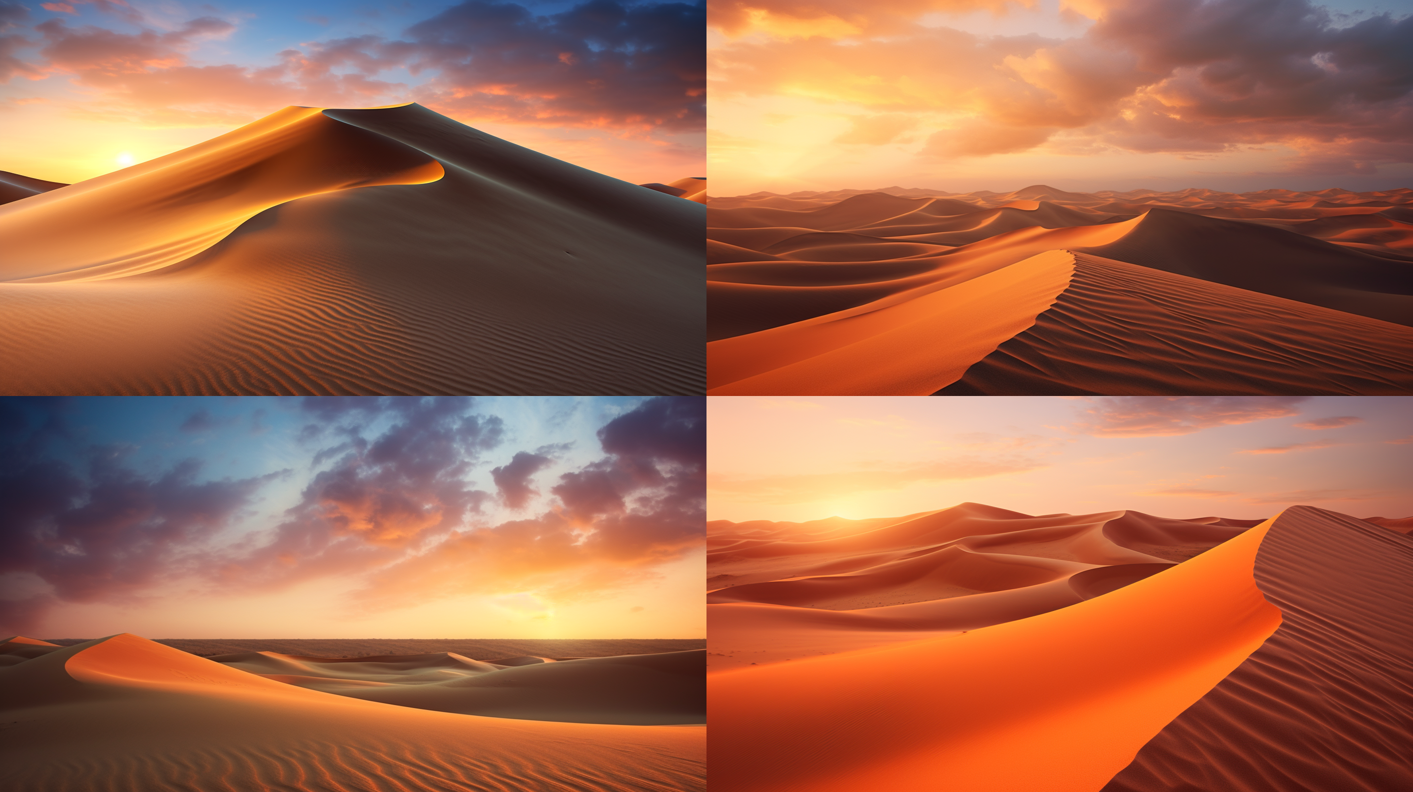 以沙丘日落为主题生成一张摄影照片，要表现近景沙丘的质感和纹理，侧逆光的效果。 极其精致和美丽 照片 写实 风景 超级高分辨率 大文件