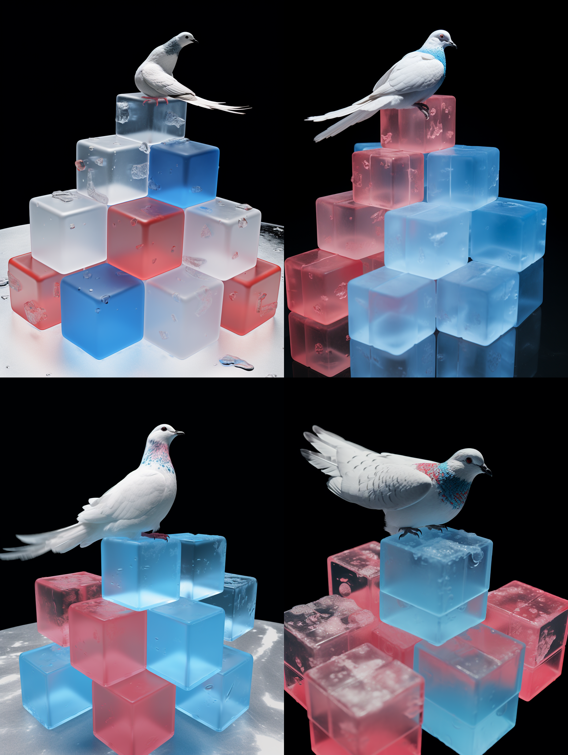 优化一下图中的装置，装置在一个巨大的白色场馆内，装置上的鸽子站在蓝色的方块上，不要站在红色上，方块只有红蓝两个颜色，鸽子在所有方块的中间，方块是堆叠的。