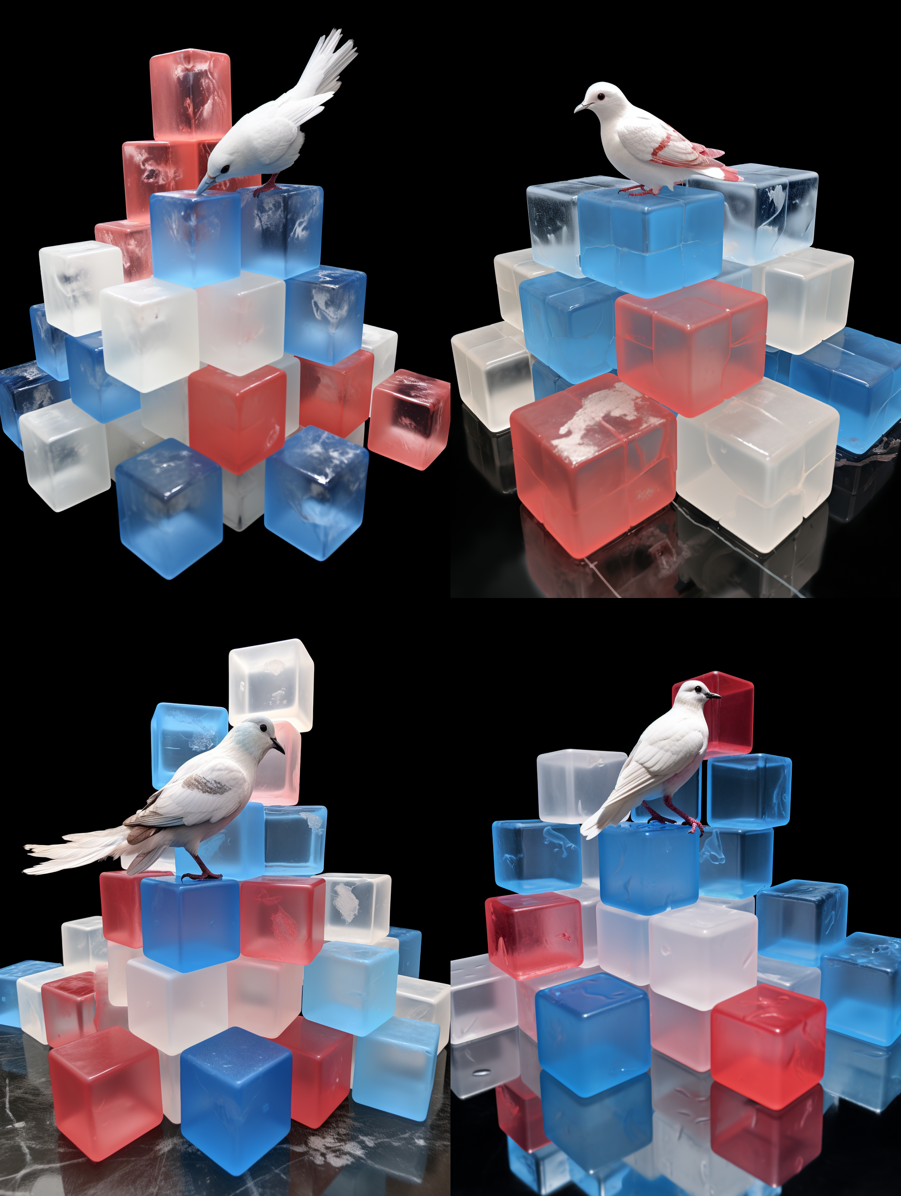 装置在一个巨大的白色场馆内，装置上的鸽子站在蓝色的方块上，不要站在红色上，方块只有红蓝两个颜色，鸽子在所有方块的中间，方块随机堆叠