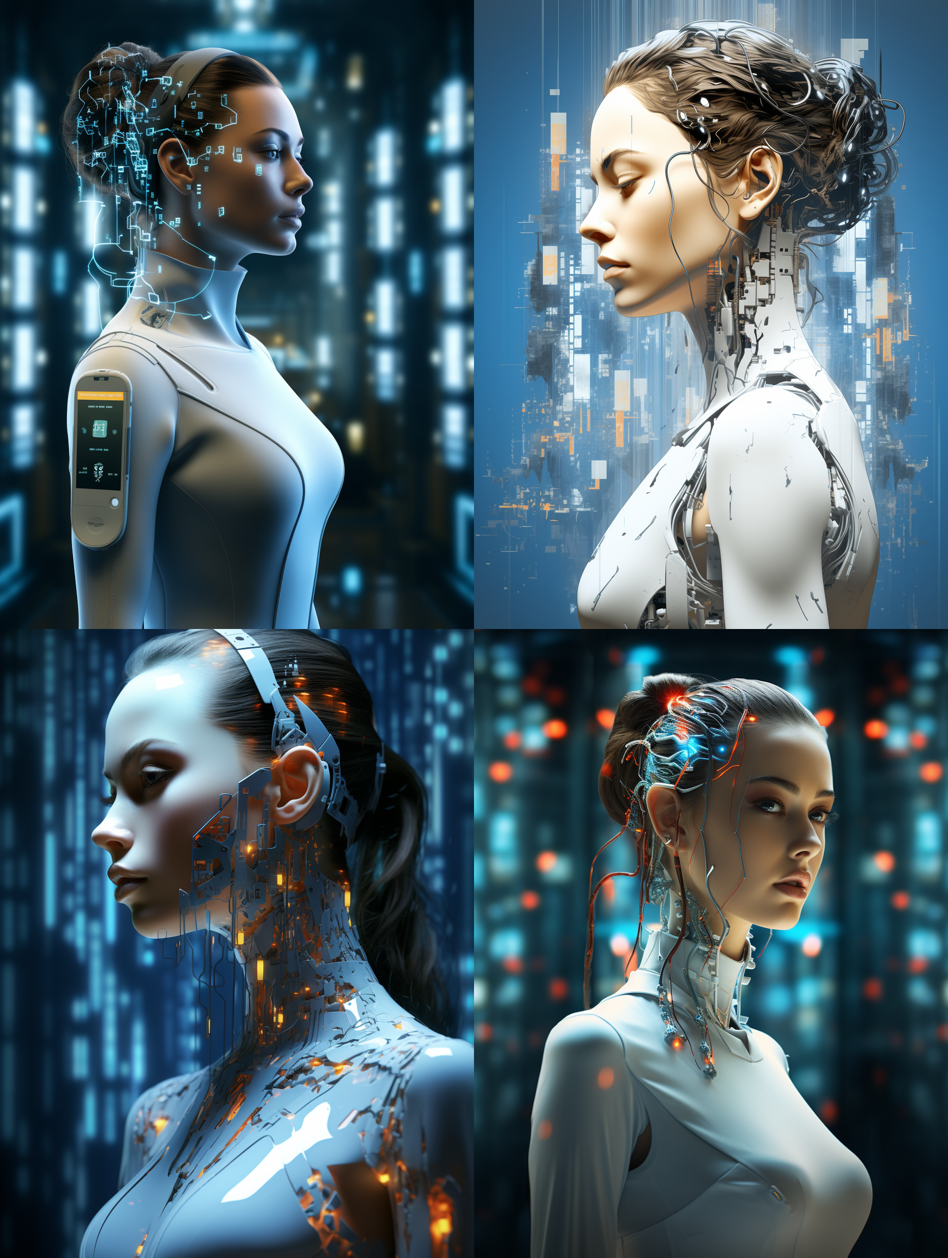 生成一组以ai科技为代表的形象广告，画面体现ai智能机器人，智能芯片电路，大数据运算，ai科技与城市和乡村的应用特征等科技元素，使用科技蓝为主色调，体现强烈的科技感和未来感，顶级的画质，现代风的广告设计，体现科技美学，艺术美学，唯美，色彩饱和层次丰富，画面细节丰富