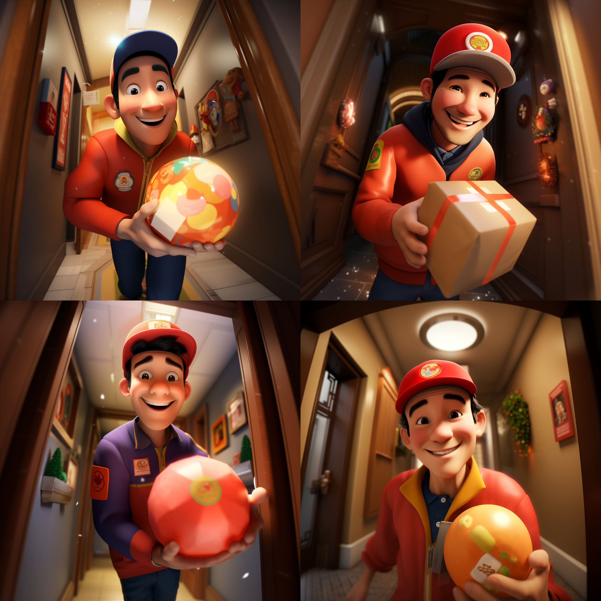 卡通外卖员微笑，拿着盒子，镜头对准，鱼眼镜头电梯走道，传递着温暖和喜庆的情感。照片写实主义，鱼眼透视，体积照明，肖像，adrian zingg，色彩丰富，饱满，温暖，喜庆。