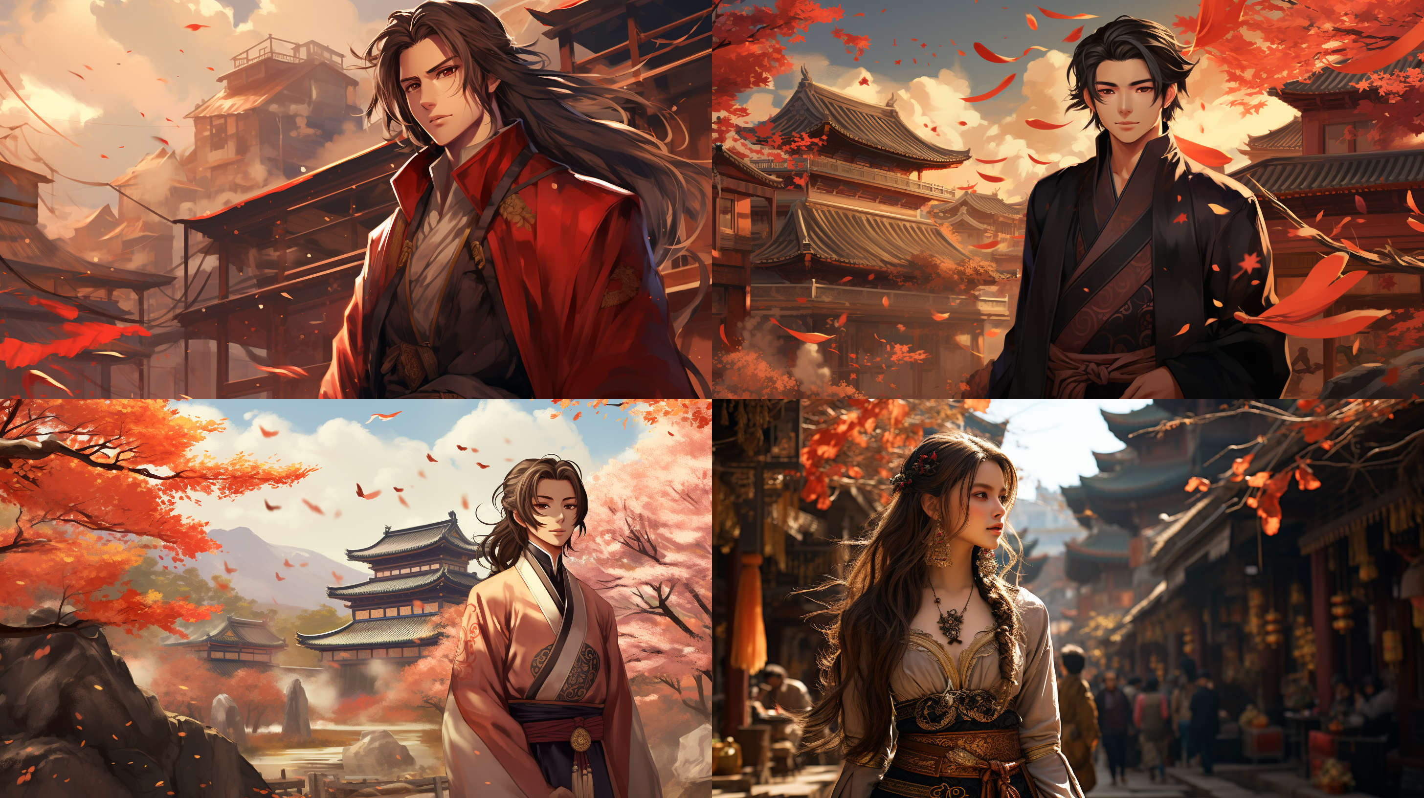 动漫风，一个古装长发男子站在街上，街上许多建筑物，背景为修仙背景，建筑风格为盛世唐朝