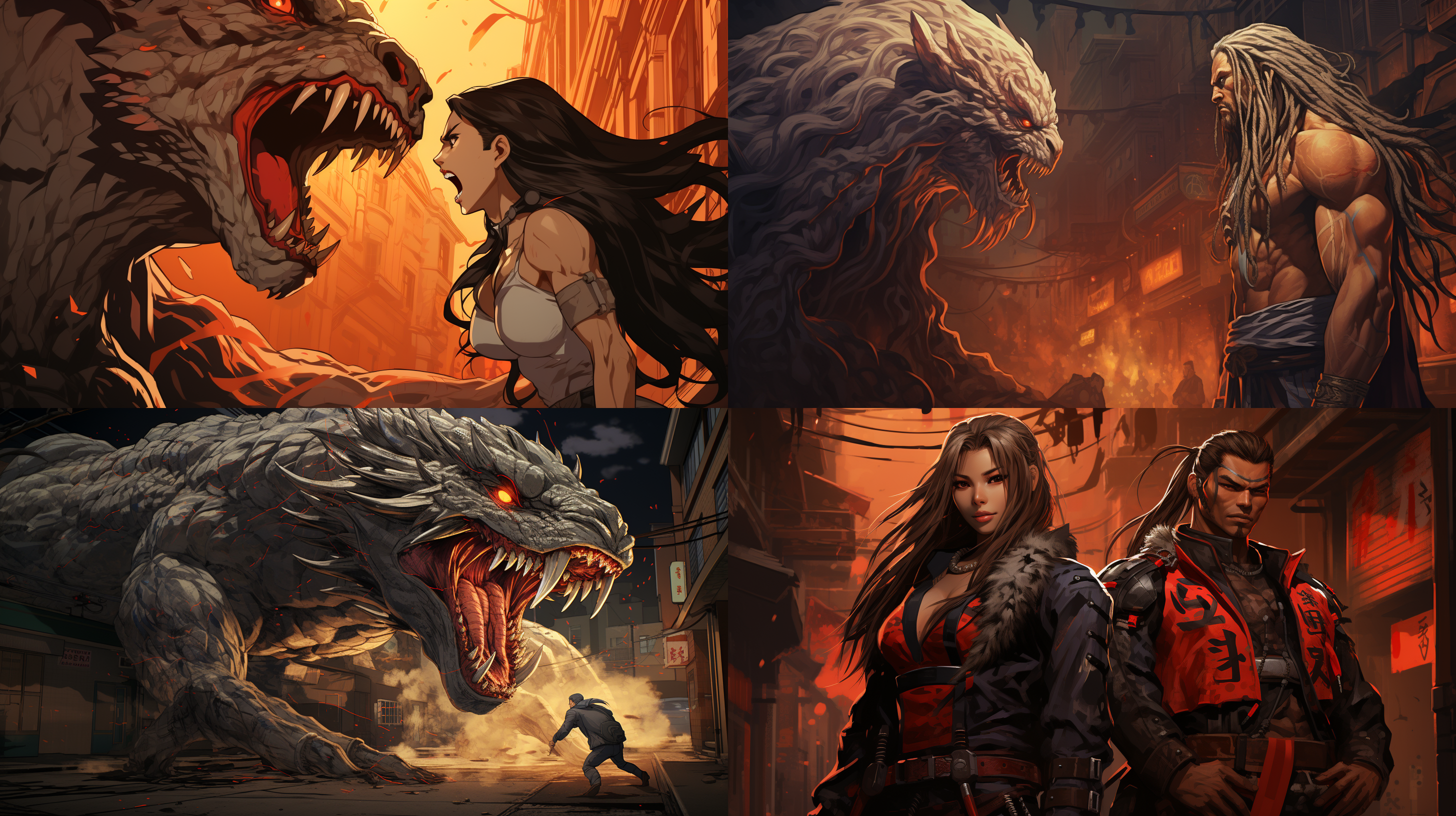 动漫风，两个古装长发男子站在街上对视，后边有那兵器的几个人，街上破败建筑物中有一个巨蟒张开大嘴，漏出獠牙，口出火球，许多火，聚焦在两人目光上，背景为修仙背景，建筑风格为盛世唐朝 