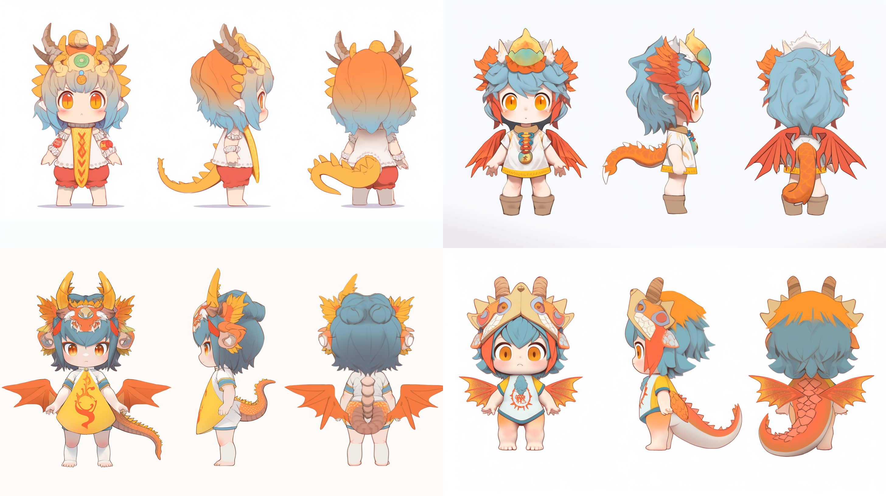 全身，生成三个视图，即正面视角、左面视角和后面视角，超级可爱的女孩，身穿中国传统服饰，穿戴龙角和龙尾，橙黄加上少部分青蓝配色，站姿，pop mart的超级可爱ip，hbi，模型，盲盒玩具，精细的光泽，干净的背景，3d渲染，0c渲染，最佳质量，4k，超级细节，pop市场玩具，工作室全身，生成三个视图，即前视图、侧视图和后视图 微笑 站 单人 超级高分辨率 大文件 