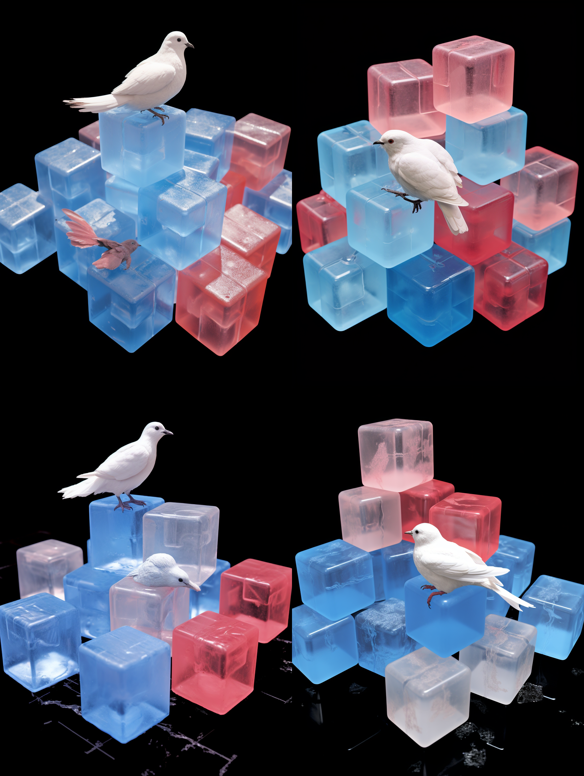 优化一下图中的装置，装置在一个巨大的白色场馆内，装置上的鸽子站在蓝色的方块上，不要站在红色上，方块只有红蓝两个颜色，鸽子在所有方块的中间，方块随机堆叠