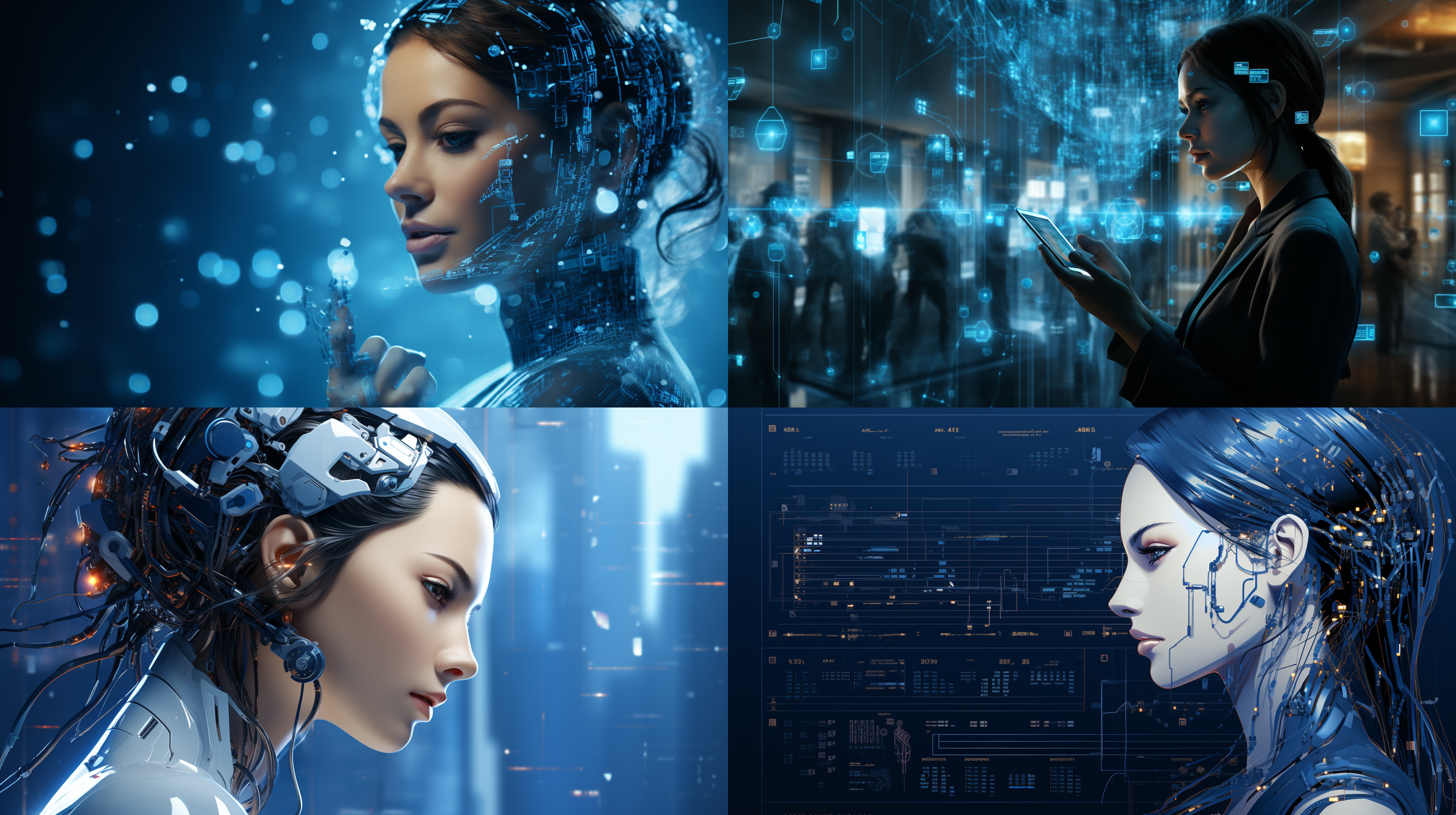 生成一组以ai科技为代表的形象广告，画面体现ai智能机器人，智能芯片电路，大数据运算，ai科技与城市和乡村的应用特征等科技元素，使用科技蓝为主色调，体现强烈的科技感和未来感，顶级的画质，现代风的广告设计，体现科技美学，艺术美学，唯美，色彩饱和层次丰富，画面细节丰富