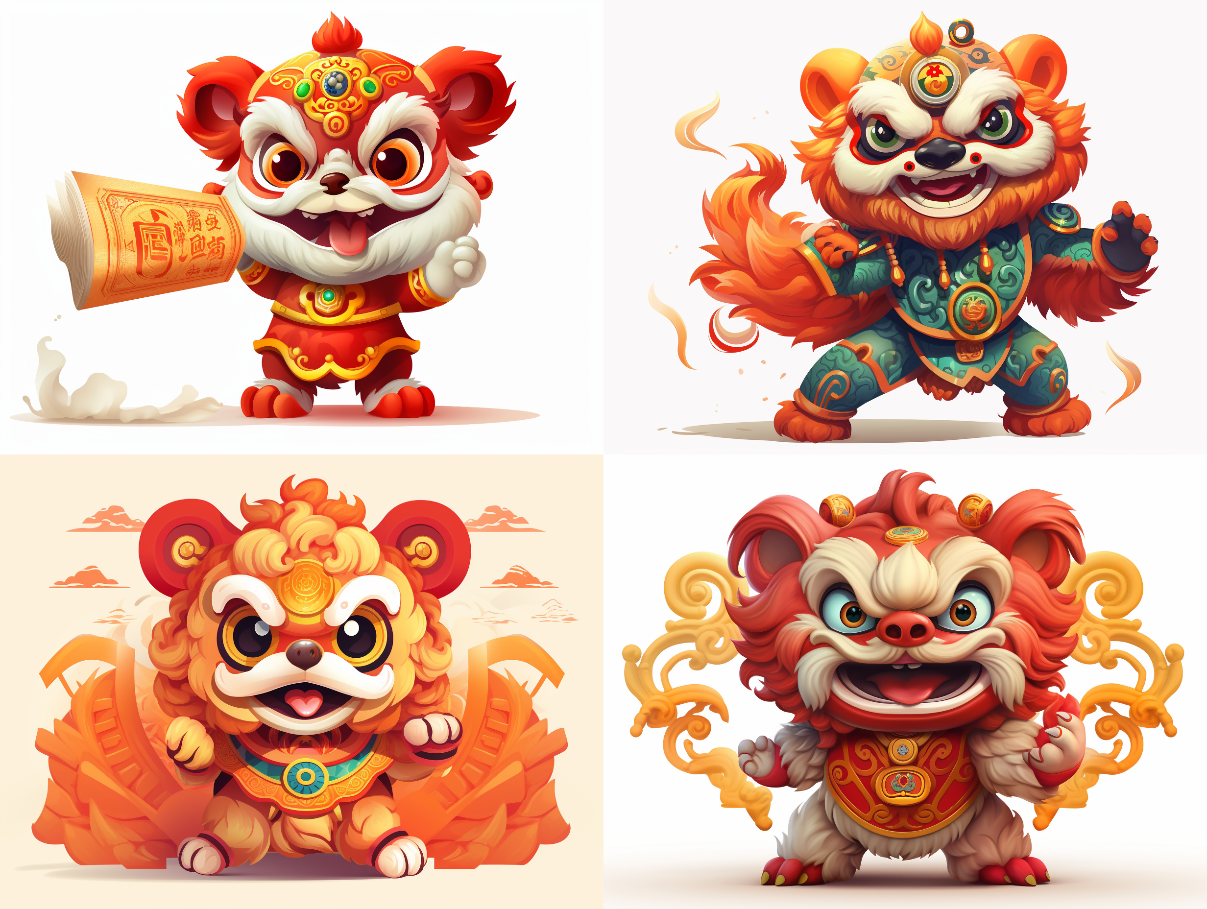 cute chinese lion dance with open arms and scroll in hand, cartoon illustration, hd vector, white background, etc.