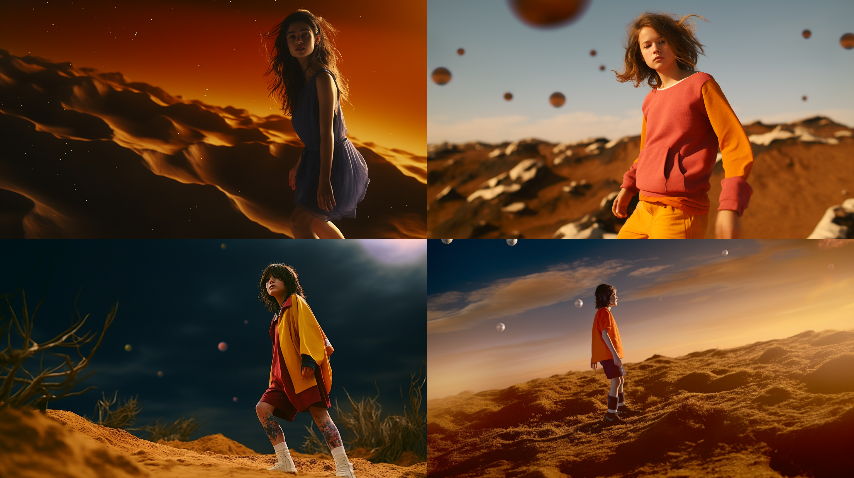 女孩光着脚 背对镜头 远处是浩瀚的星空 电影35毫米镜头，商业广告感 一个极其娇嫩美丽的女孩 照片 黄昏 小女孩