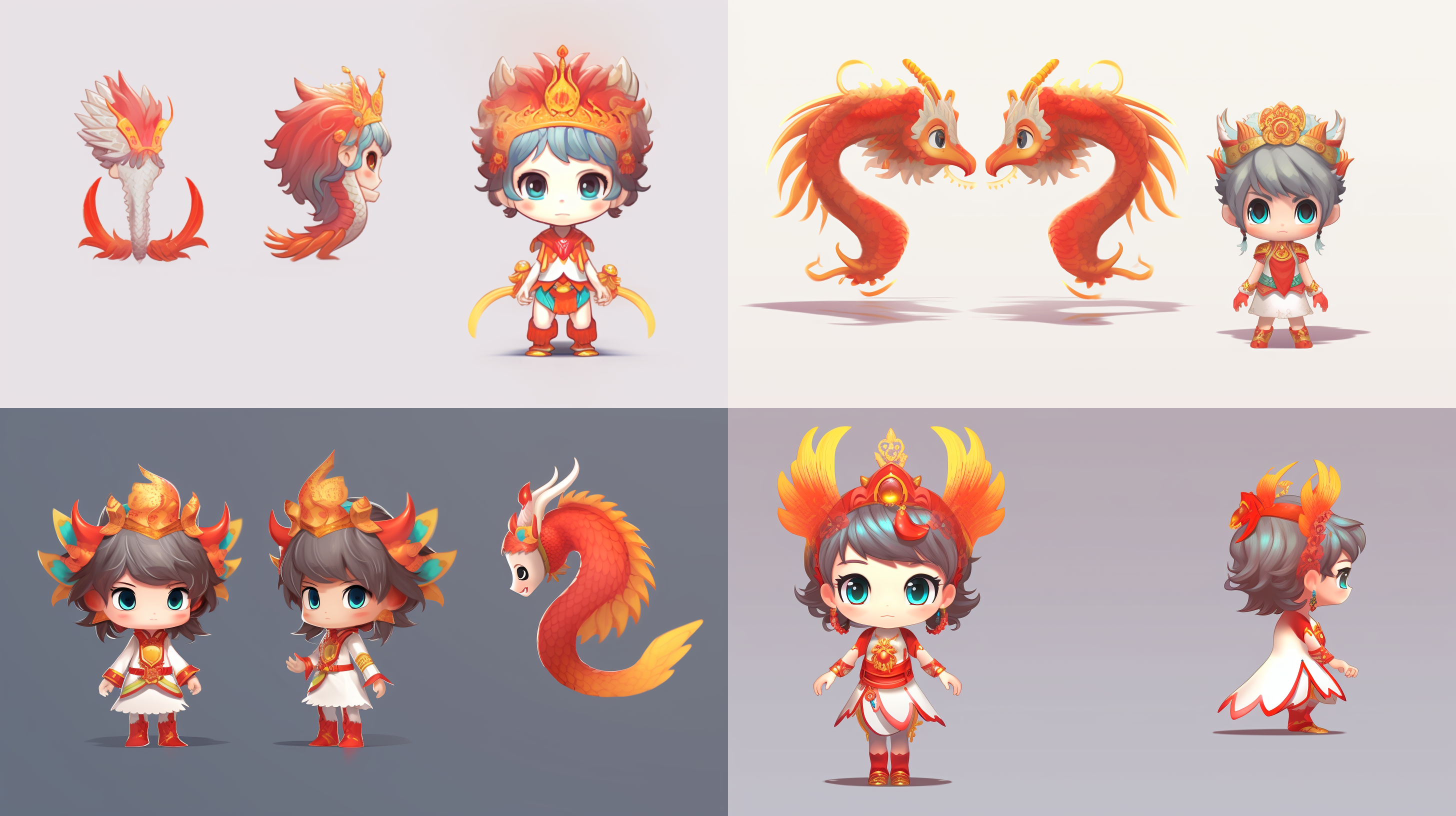 generate 3 views, rich in traditional chinese costumes, cute little girl with chinese dragon horns and chinese dragon tail, 3d model, c4d renderer, clean background. 3 view layout, chinese traditional costume, chinese dragon design, 3d model rendering, c4d renderer, clean background, clear details, high saturation, bright light, gorgeous colors, three-dimensional.