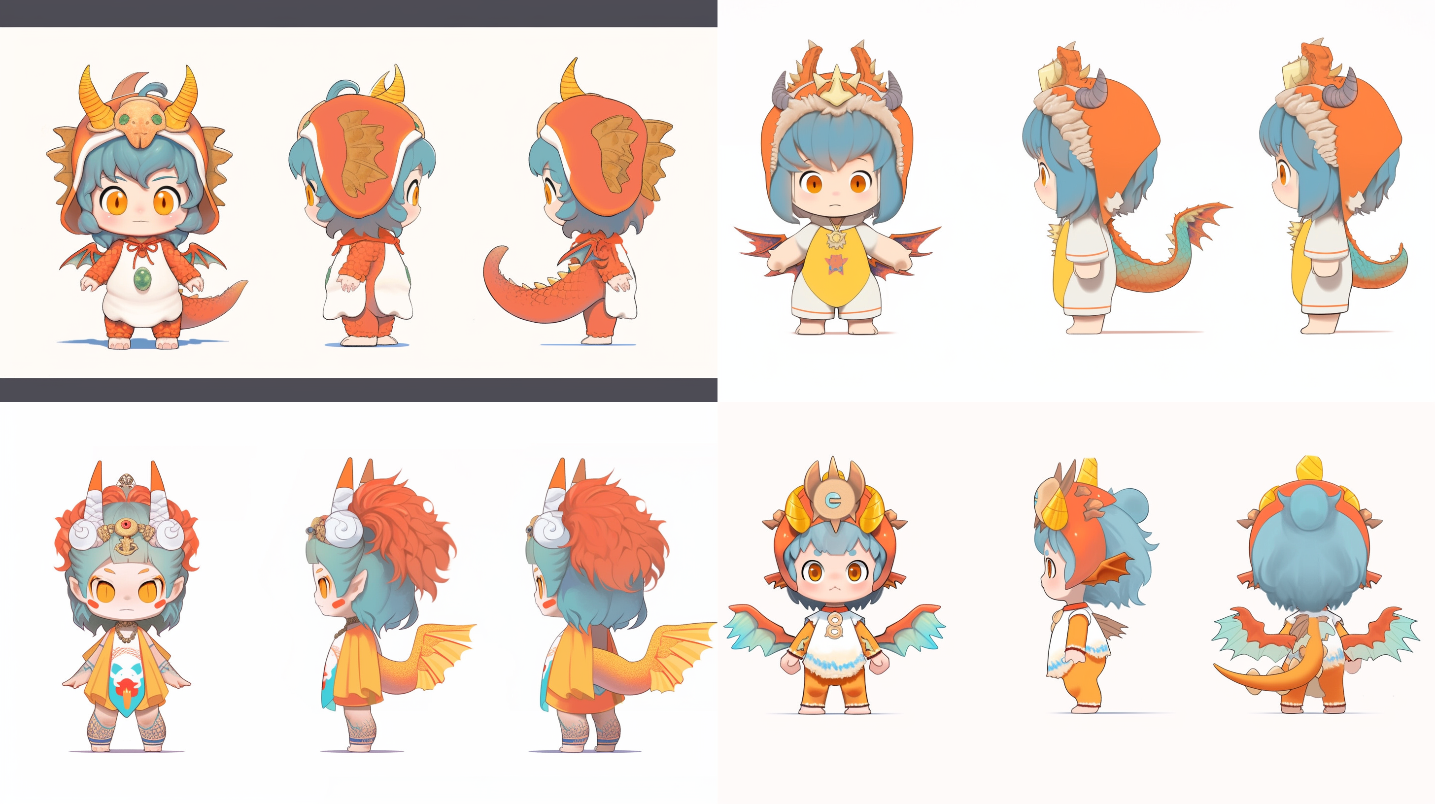 全身，生成三个视图，即前视图、侧视图和后视图，超级可爱的女孩，身穿中国传统服饰，带有龙角，橙黄加上少部分青蓝配色，站姿，pop mart的超级可爱ip，hbi，模型，盲盒玩具，精细的光泽，干净的背景，3d渲染，0c渲染，最佳质量，4k，超级细节，pop市场玩具，工作室全身，生成三个视图，即前视图、侧视图和后视图 微笑 站 单人 超级高分辨率 大文件