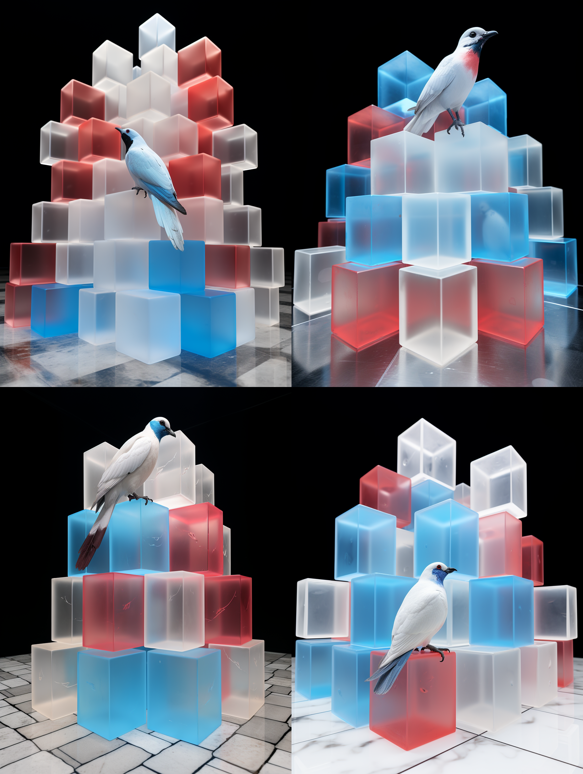 装置在一个巨大的白色场馆内，装置上的鸽子站在蓝色的方块上，不要站在红色上，方块只有红蓝两个颜色，鸽子在所有方块的中间，方块随机堆叠将图中的主体放在一个巨大的白色场馆内，有一个光源照在主体上，