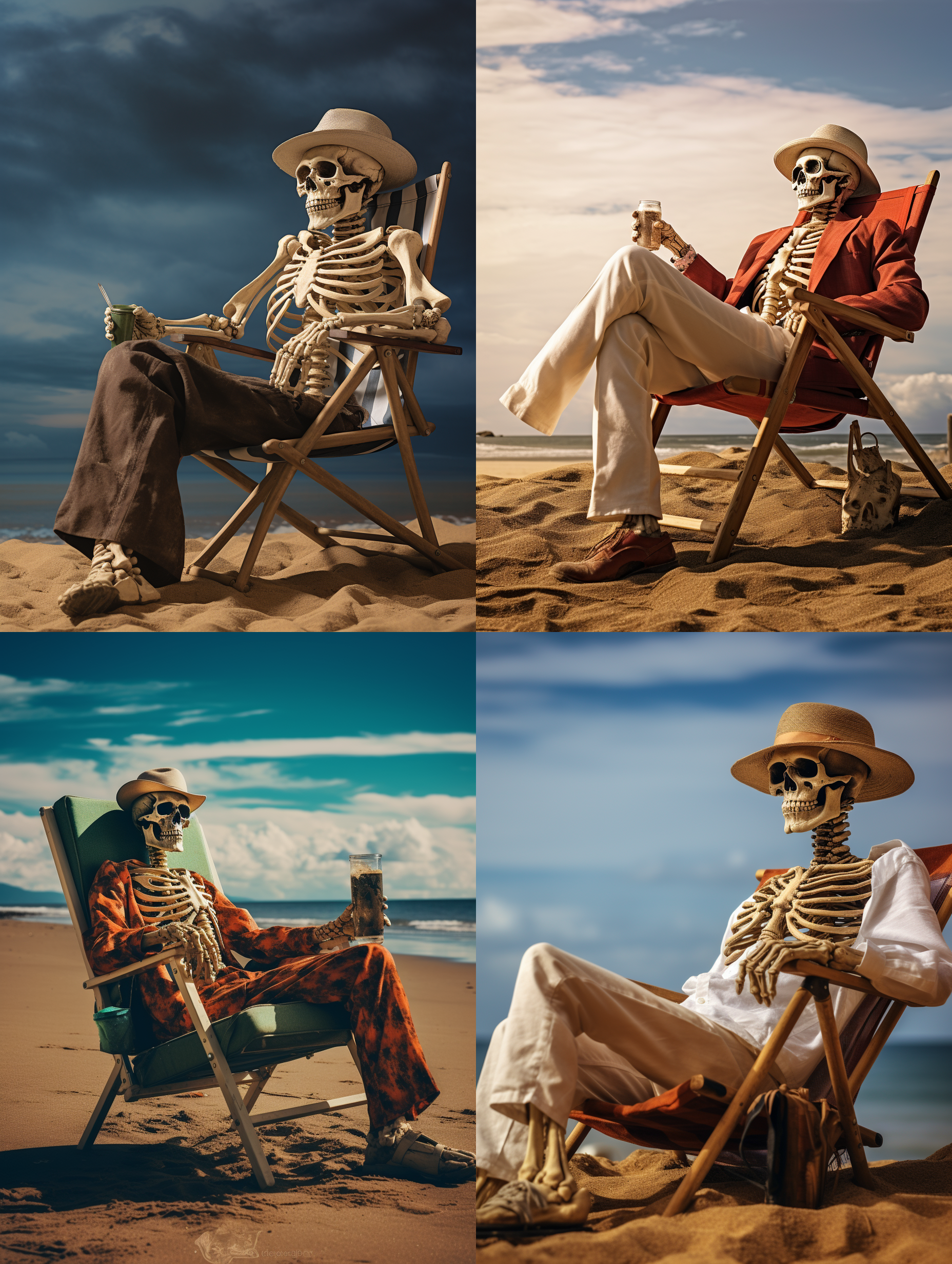 骷髅人在海边渡假，身在海边沙滩的躺椅上，叼着一支烟